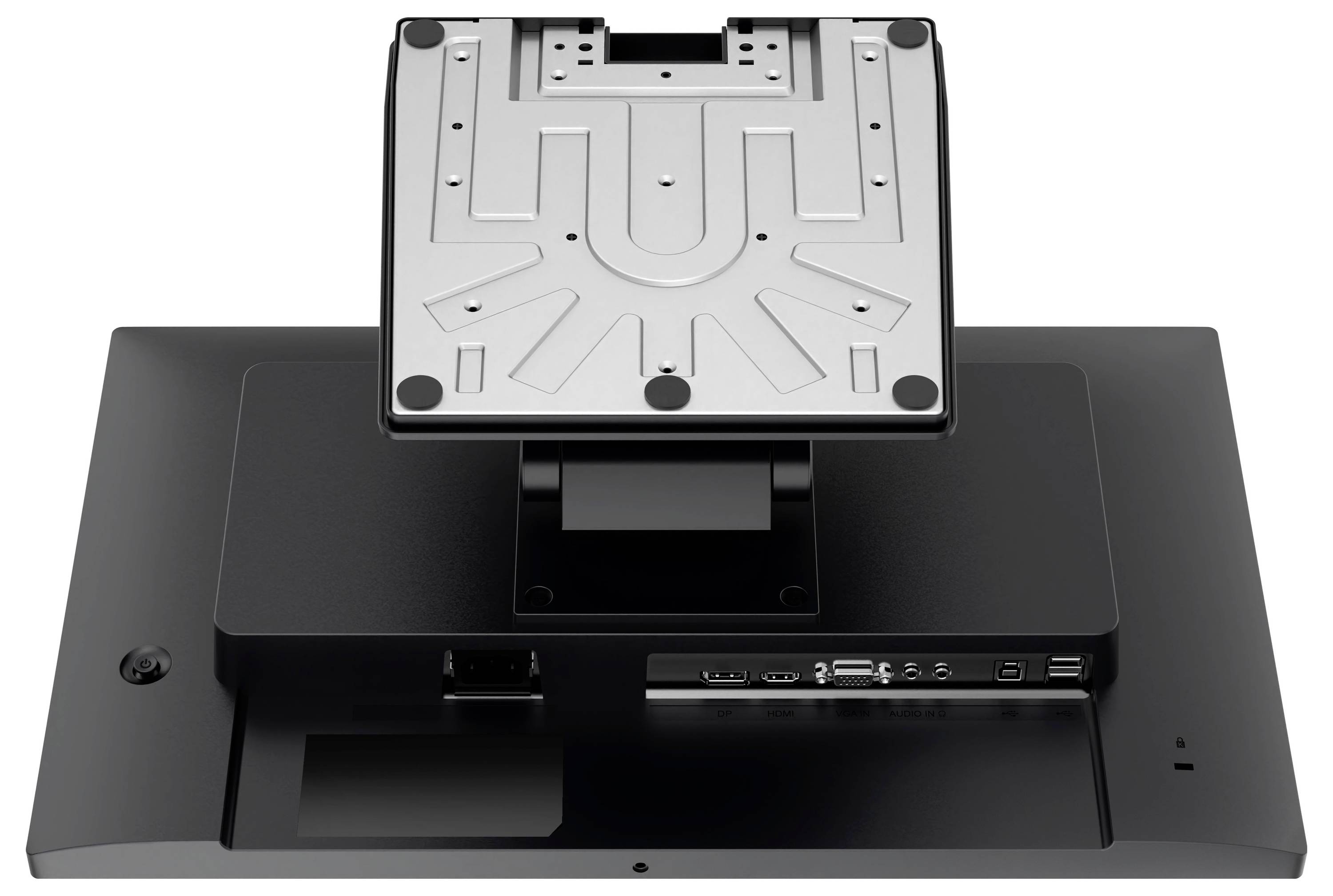 Rückansicht eines Monitors mit einer VESA-Halterung und verschiedenen Anschlüssen wie HDMI, DisplayPort, USB und Audioverbindungen.