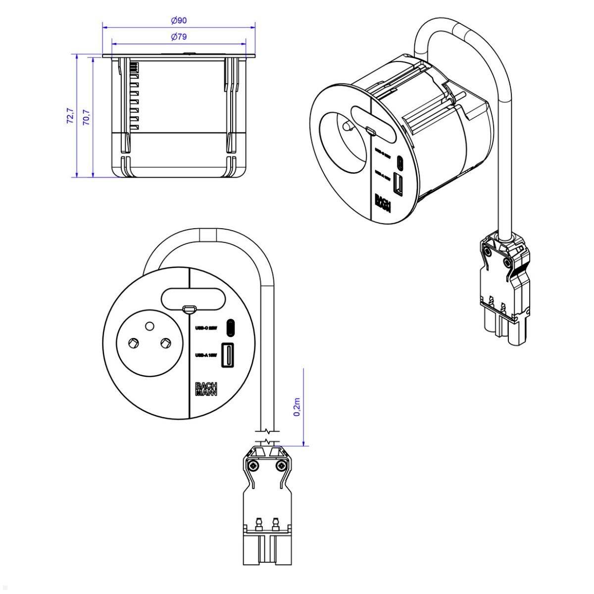 Technische Zeichnung eines zylindrischen Steckeradapters mit Maßangaben; Draufsicht, Seitenansicht und Frontansicht. Enthält USB-Anschlüsse und eine Steckdose.
