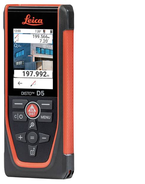 Handgehaltenes Laser-Entfernungsmessgerät mit digitalem Display, das Messungen von '199,566 m' vertikal und '197,992 m' horizontal anzeigt.