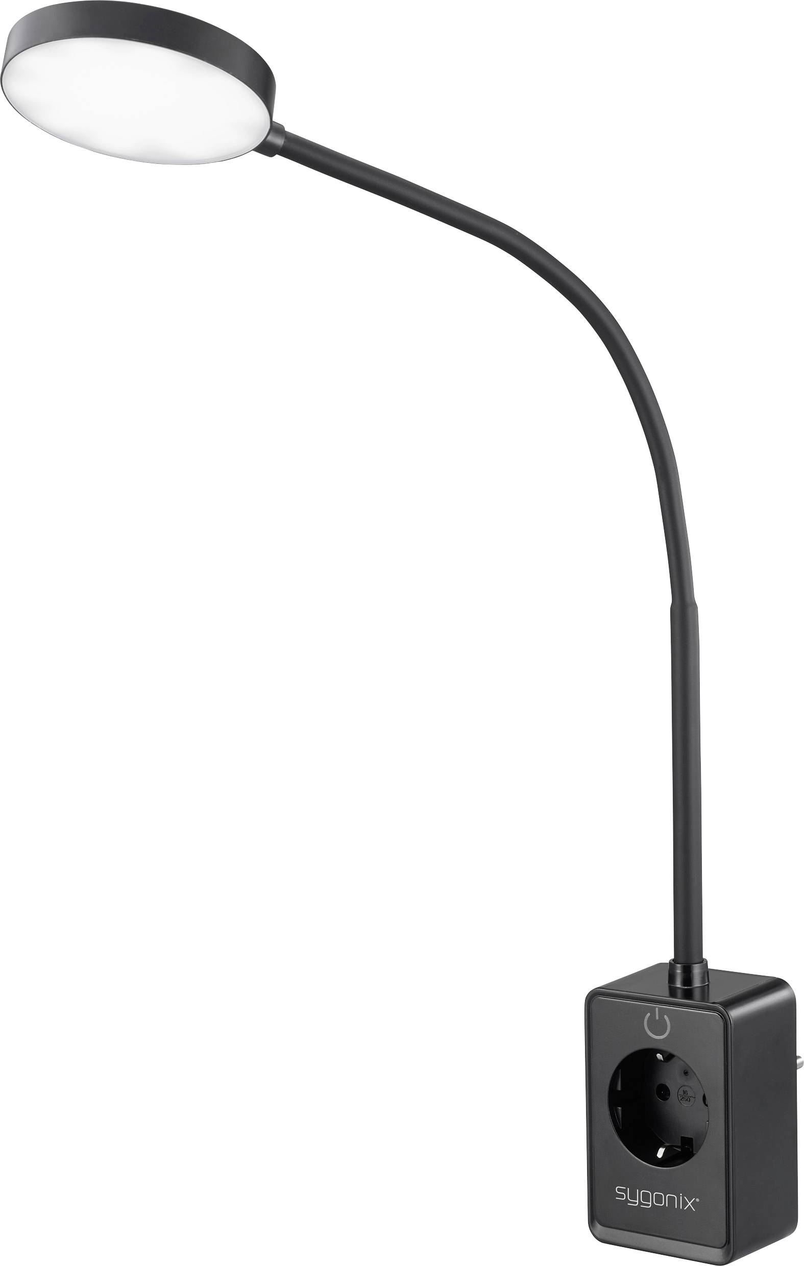 A black desk lamp with a flexible neck and a round light head, attached to a power outlet with a switch and plug socket below.