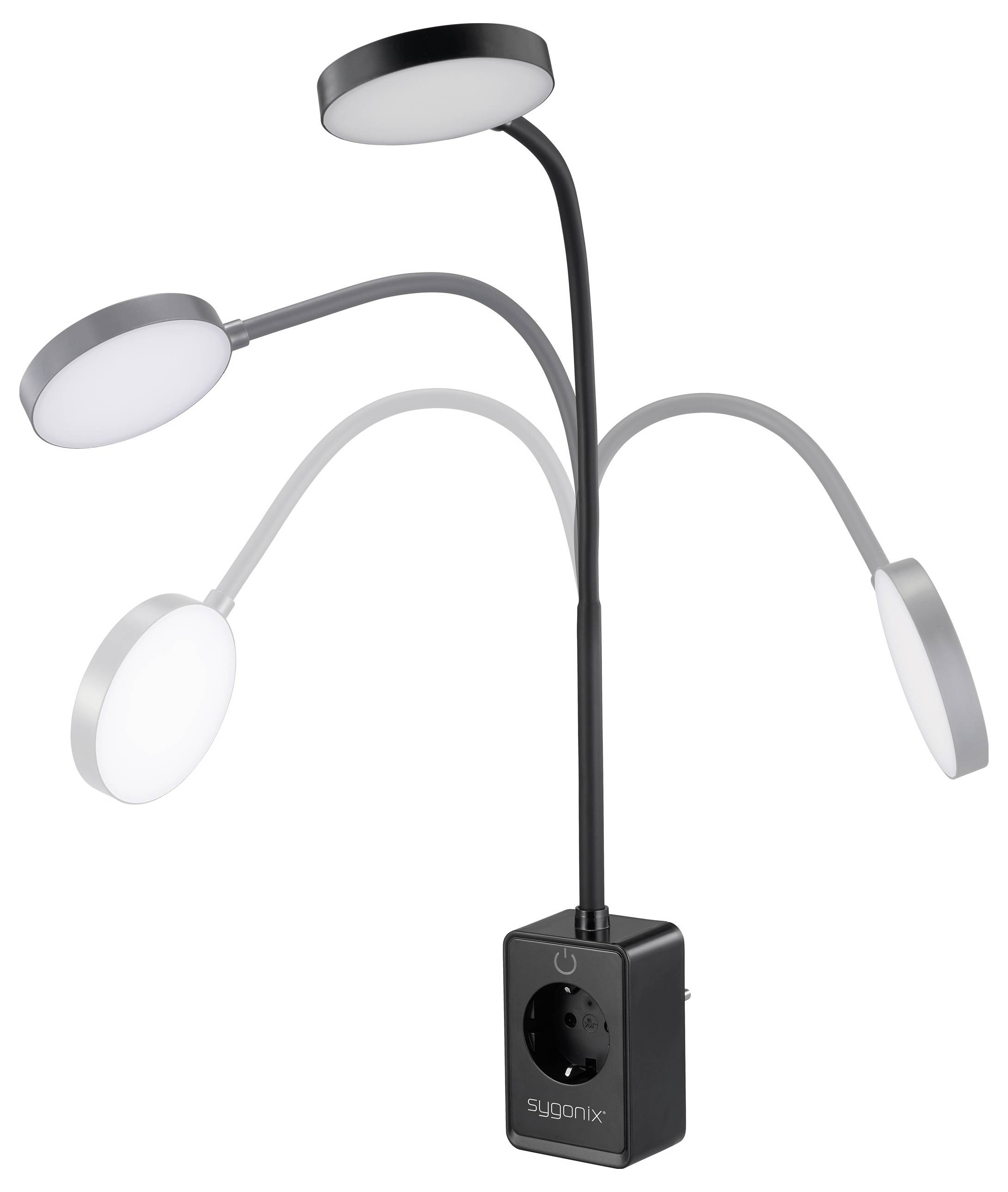 Eine schwarze mehrköpfige LED-Pflanzenlampe mit vier verstellbaren runden Leuchten auf flexiblen Armen, konzipiert für das Wachstum von Zimmerpflanzen.
