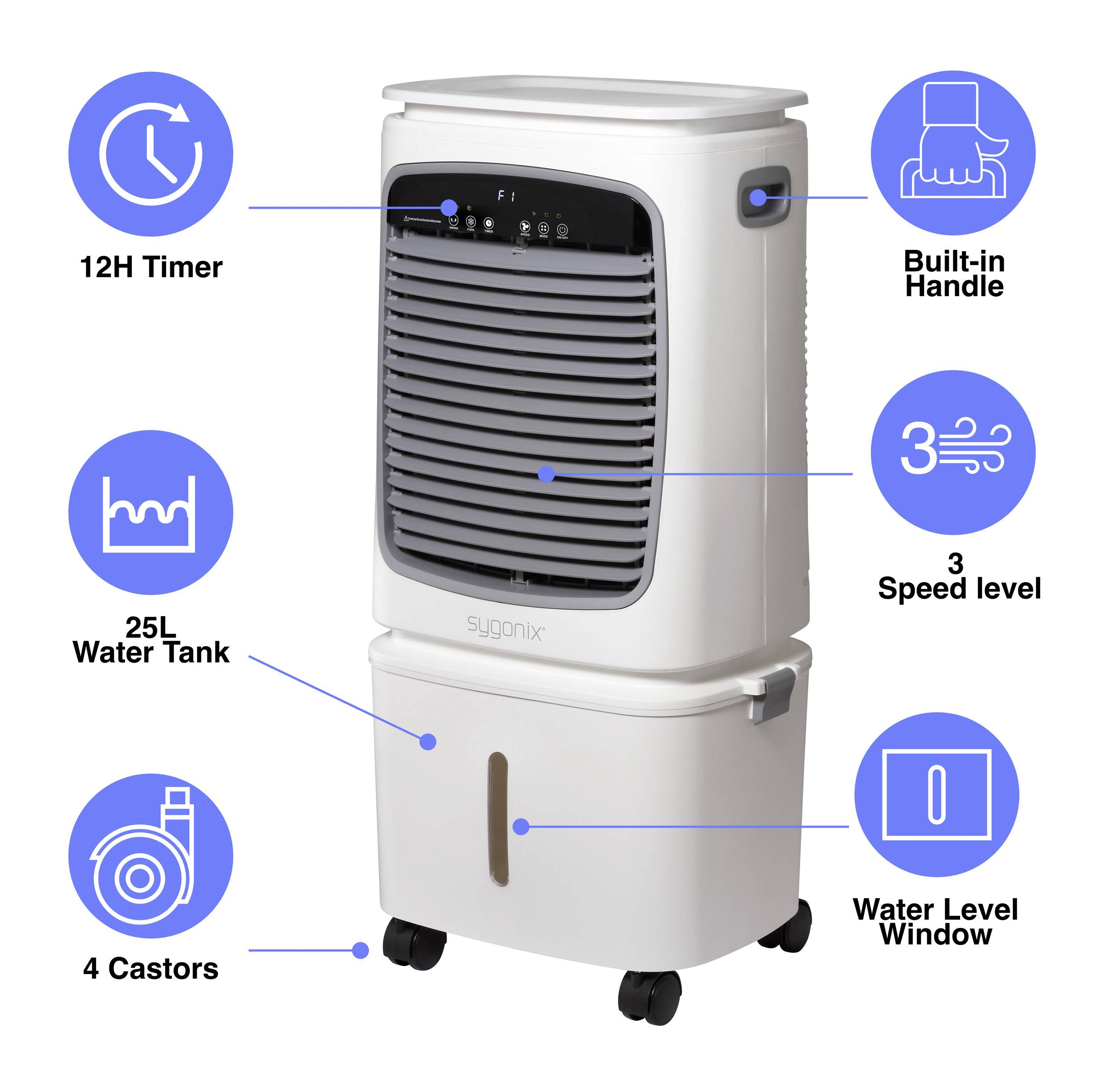 Ein Luftkühler mit einem 12-Stunden-Timer, integriertem Griff, 3 Geschwindigkeitsstufen, 25L Wassertank, 4 Rollen und einem Wasserstands-Sichtfenster.