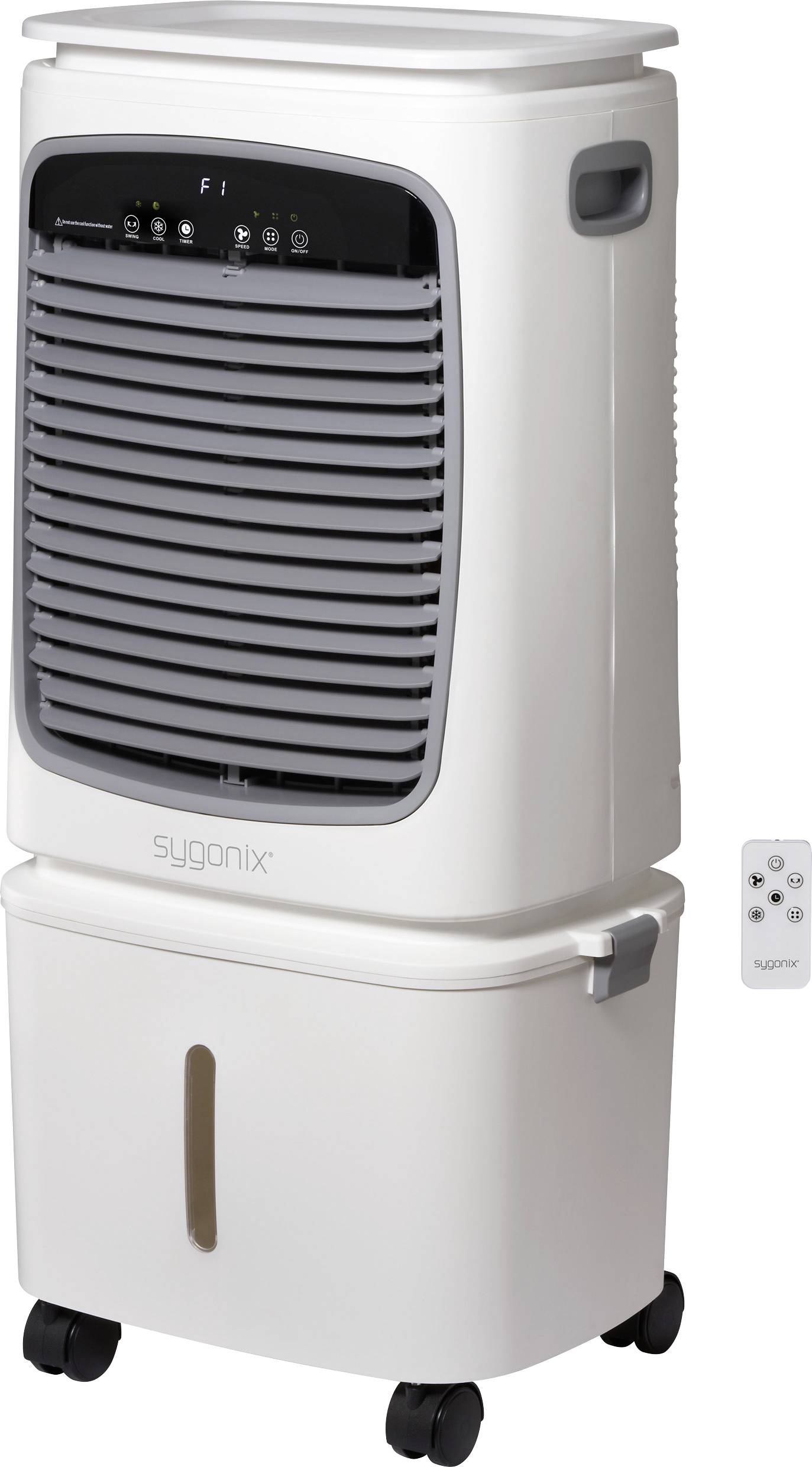 Ein weißer mobiler Luftkühler mit belüfteter Frontplatte, Bedienknöpfen auf der Oberseite und Rollen für Mobilität. Eine Fernbedienung liegt daneben.