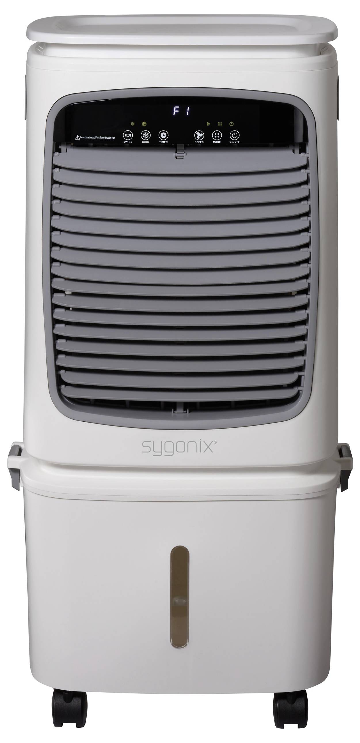 Tragbarer Luftkühler mit digitalem Display, Steuerungstasten und verstellbaren Lüftungsschlitzen. Auf Rollen montiert für einfache Mobilität.