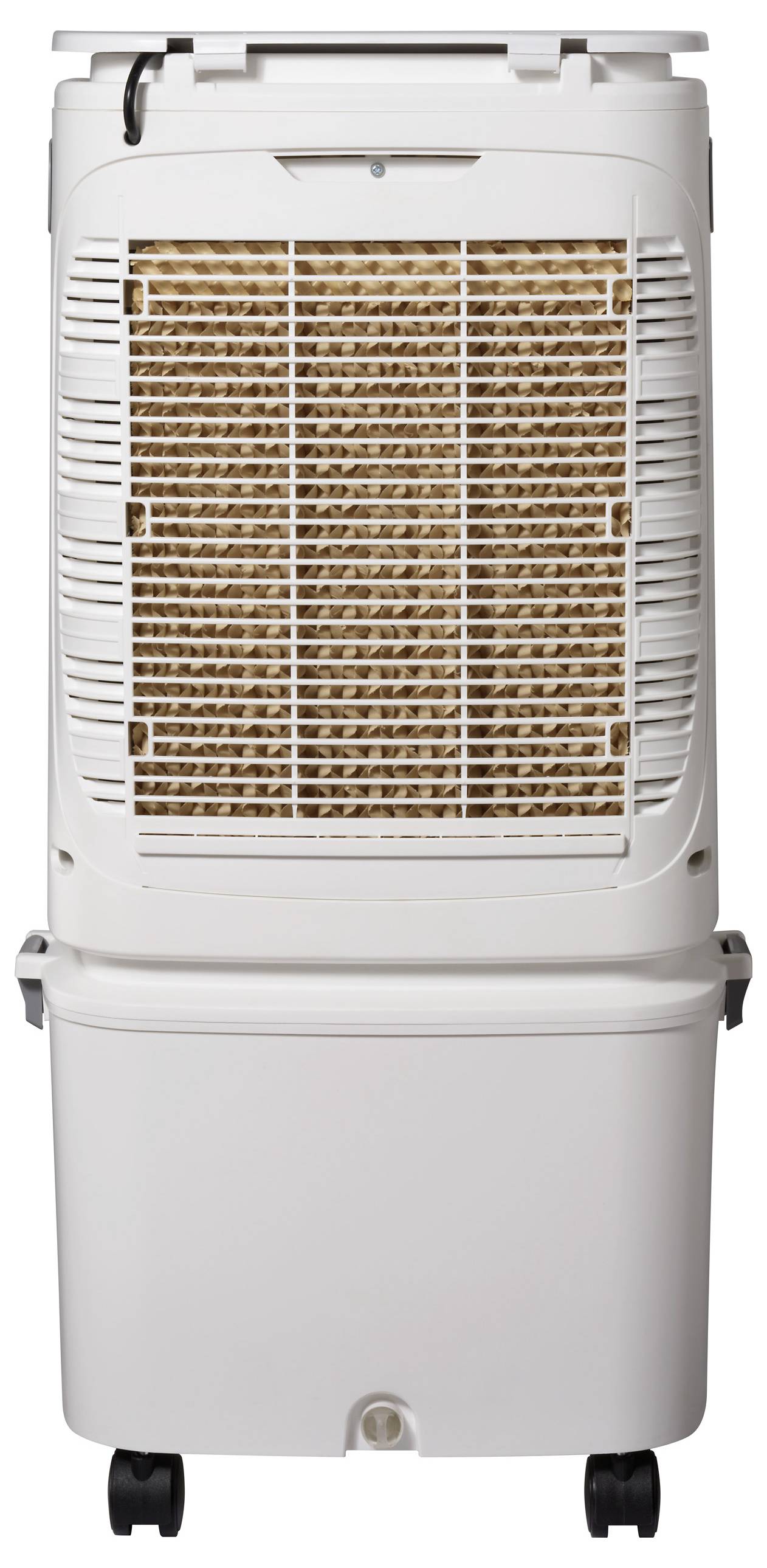 Ein weißer mobiler Luftkühler mit sichtbarem Wassertank und Rollen für einfache Beweglichkeit, ausgestattet mit einem großen Bienenwabenkühlelement auf der Vorderseite.