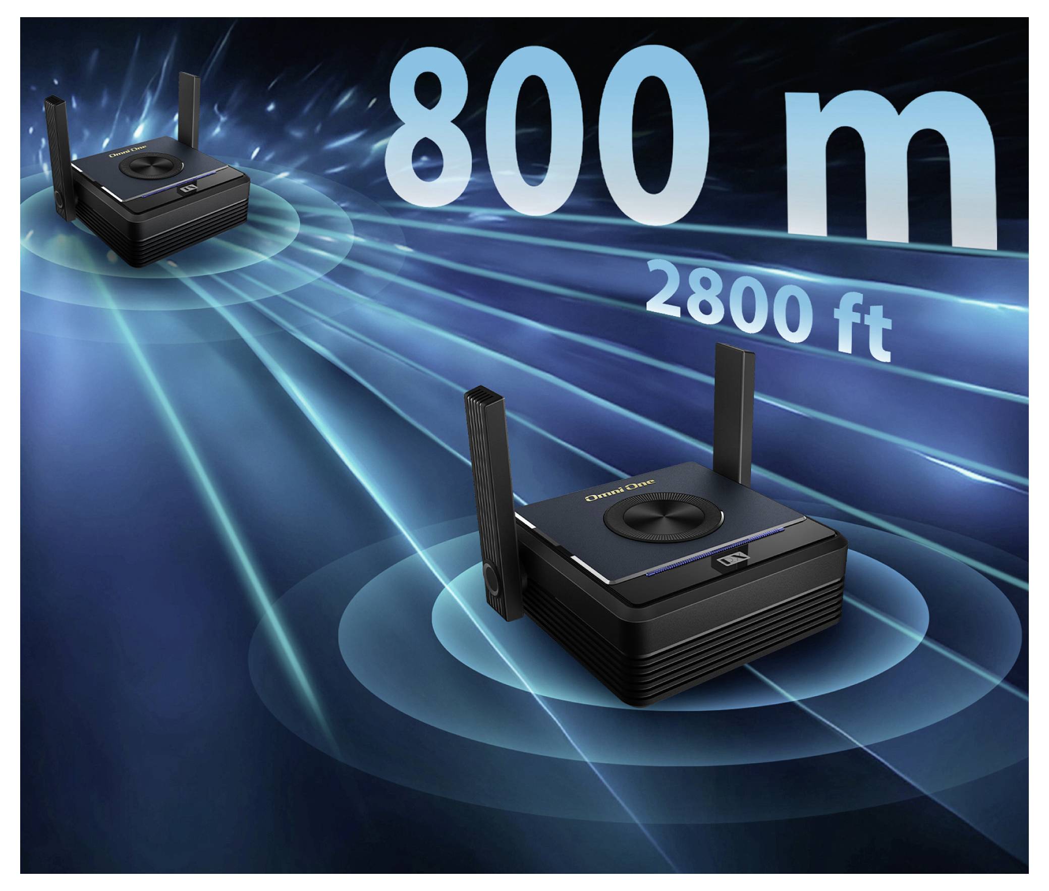 Zwei kabellose Geräte, die eine Verbindungsreichweite von 800 Metern oder 2800 Fuß veranschaulichen, vor einem blauen digitalen Hintergrund.
