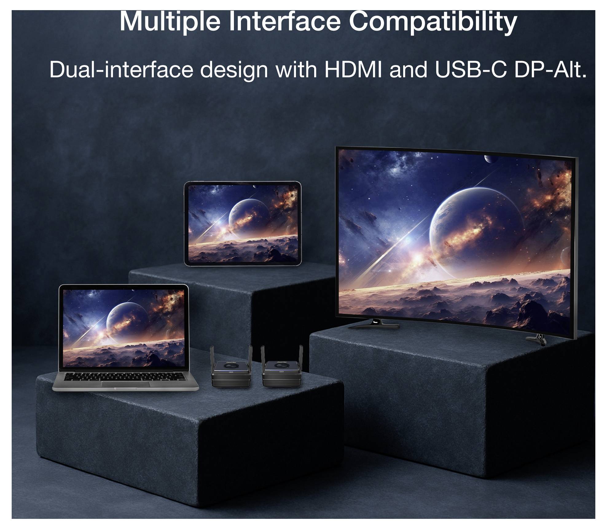 Mehrfach-Schnittstellen-Kompatibilität: Dual-Interface-Design mit HDMI und USB-C DP-Alt. Laptops und ein Monitor, die Weltraum-Bilder anzeigen.