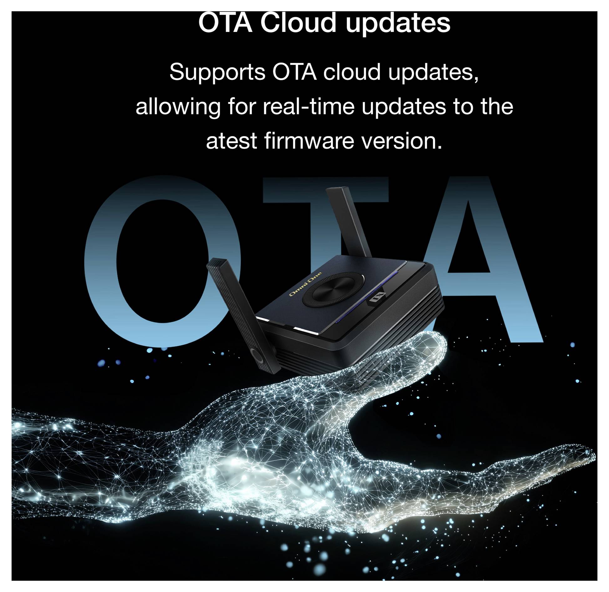 Eine futuristische digitale Hand hält einen Router mit Antennen. Text: OTA Cloud-Updates. Unterstützt OTA Cloud-Updates für Firmware.