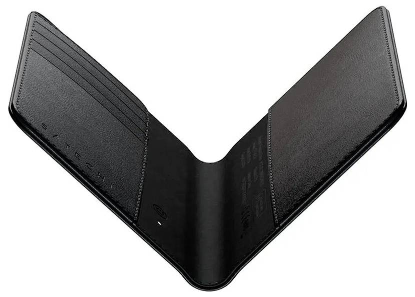 Schwarze offene Geldbörse mit Kartenfächern und einer glatten Innenseite.