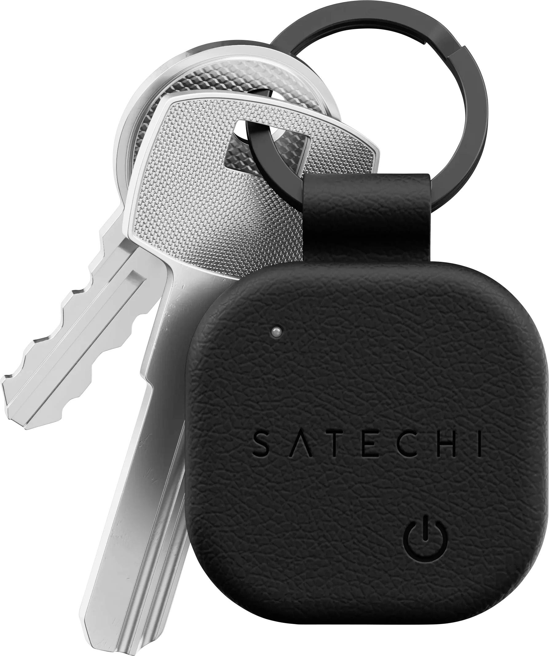 Ein schwarzer Satechi Bluetooth-Tracker an einem Schlüsselring mit zwei silbernen Schlüsseln.