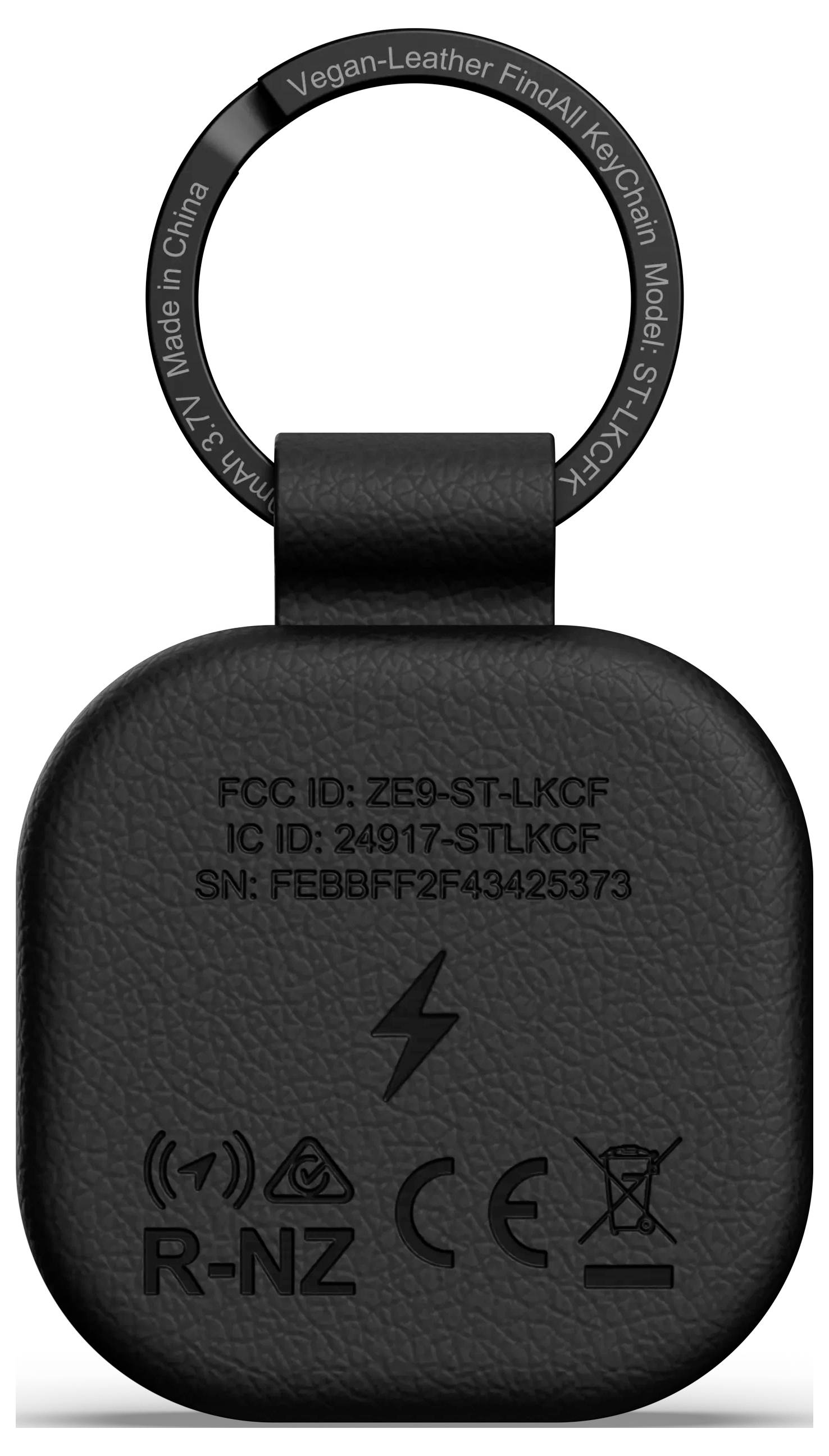 Veganes Schlüsselband aus Kunstleder in Schwarz, mit einer Schlaufe, auf der Rückseite mit Regulierungssymbolen und Seriennummern versehen.