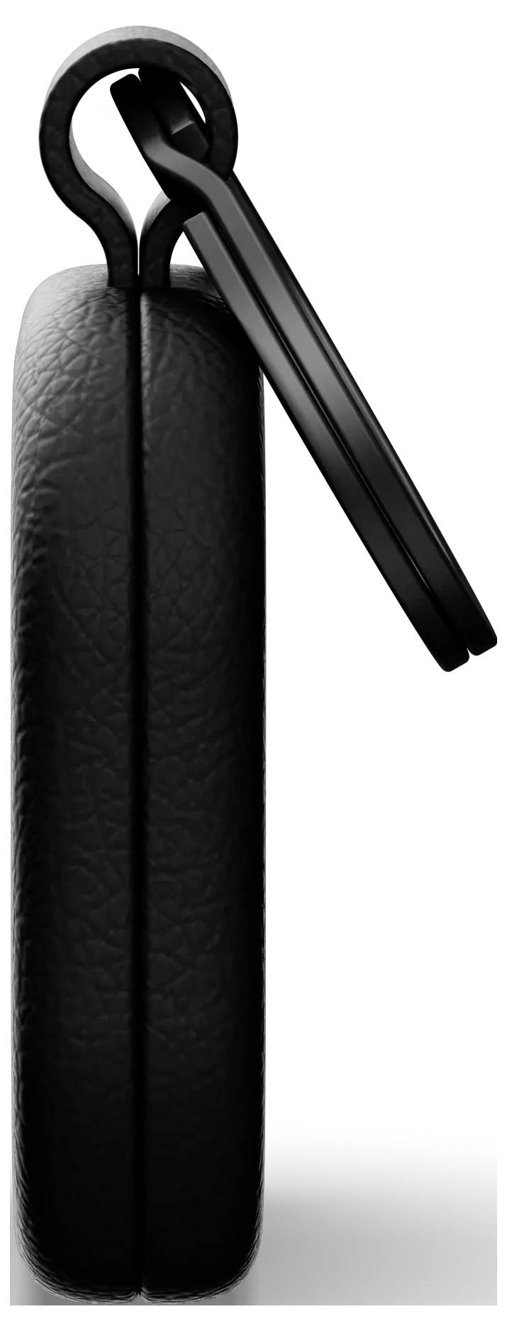 Eine Seitenansicht eines geschlossenen schwarzen Lederkopfhörerkissens mit angebrachtem schwarzem Band.