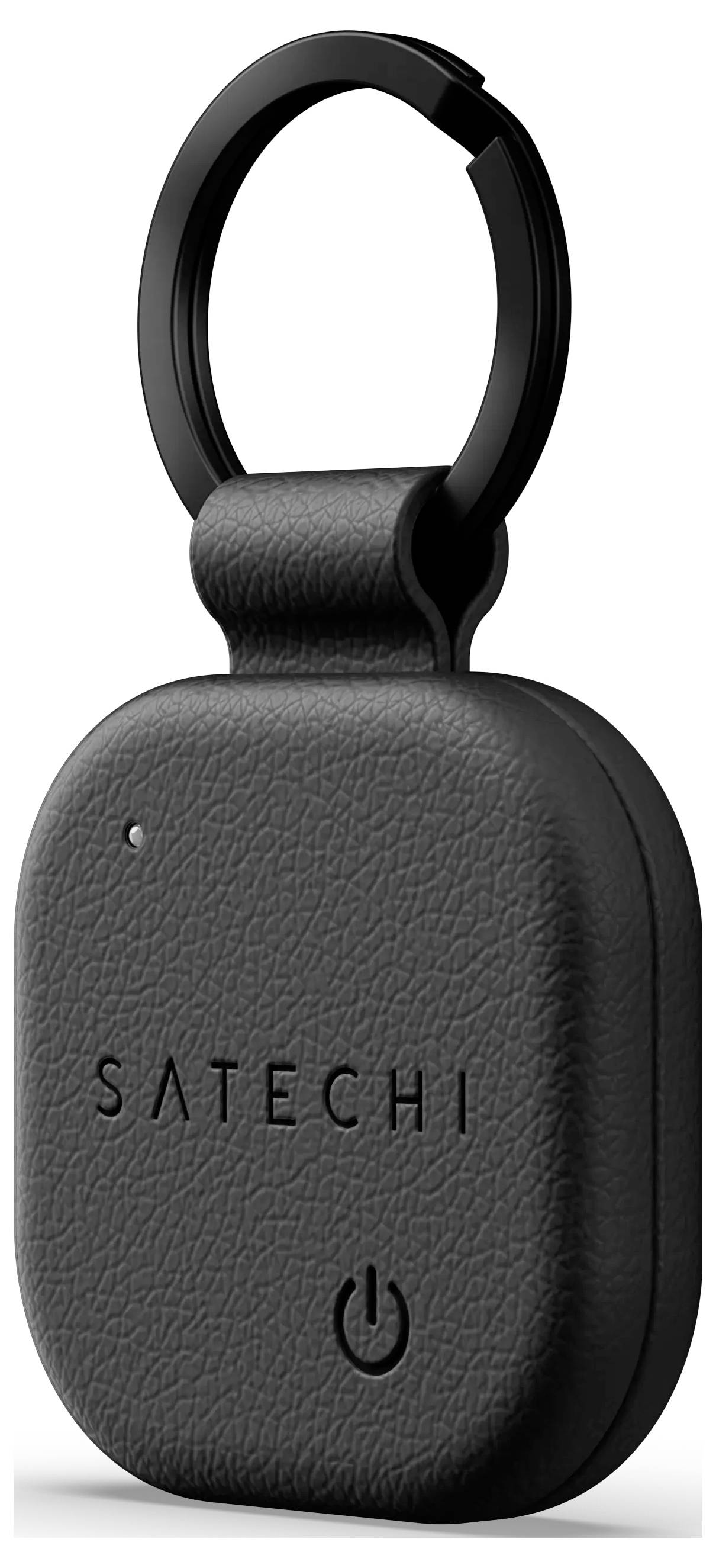 Ein schwarzer Satechi Bluetooth-Schlüsselanhänger mit Taste, einem Energiesymbol und einer Anzeigelampe.