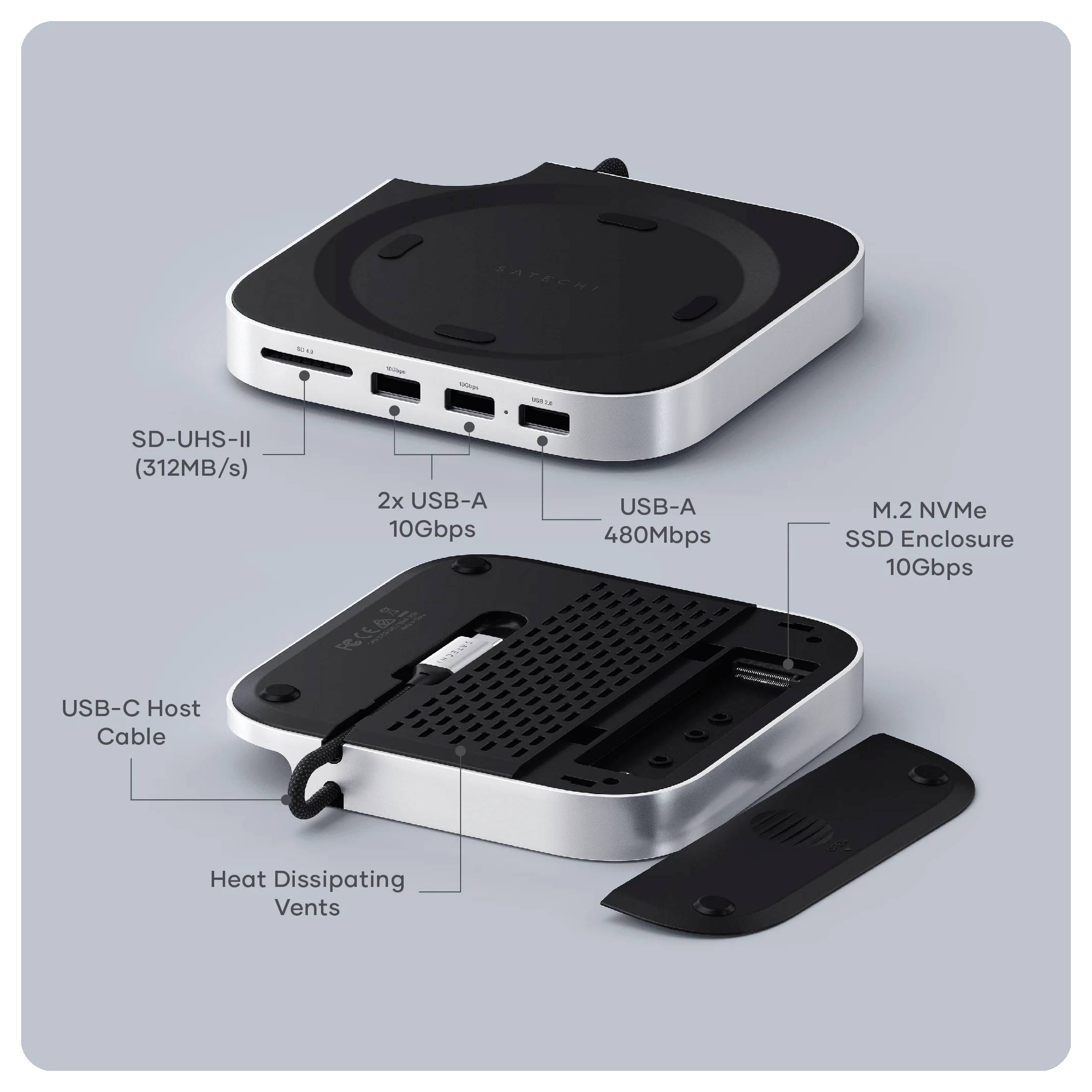 Ein kompaktes SSD-Gehäuse mit beschrifteten Anschlüssen: SD-UHS-II, zwei USB-A 10Gbps, USB-A 480Mbps, M.2 NVMe SSD-Gehäuse 10Gbps, USB-C Host-Kabel.