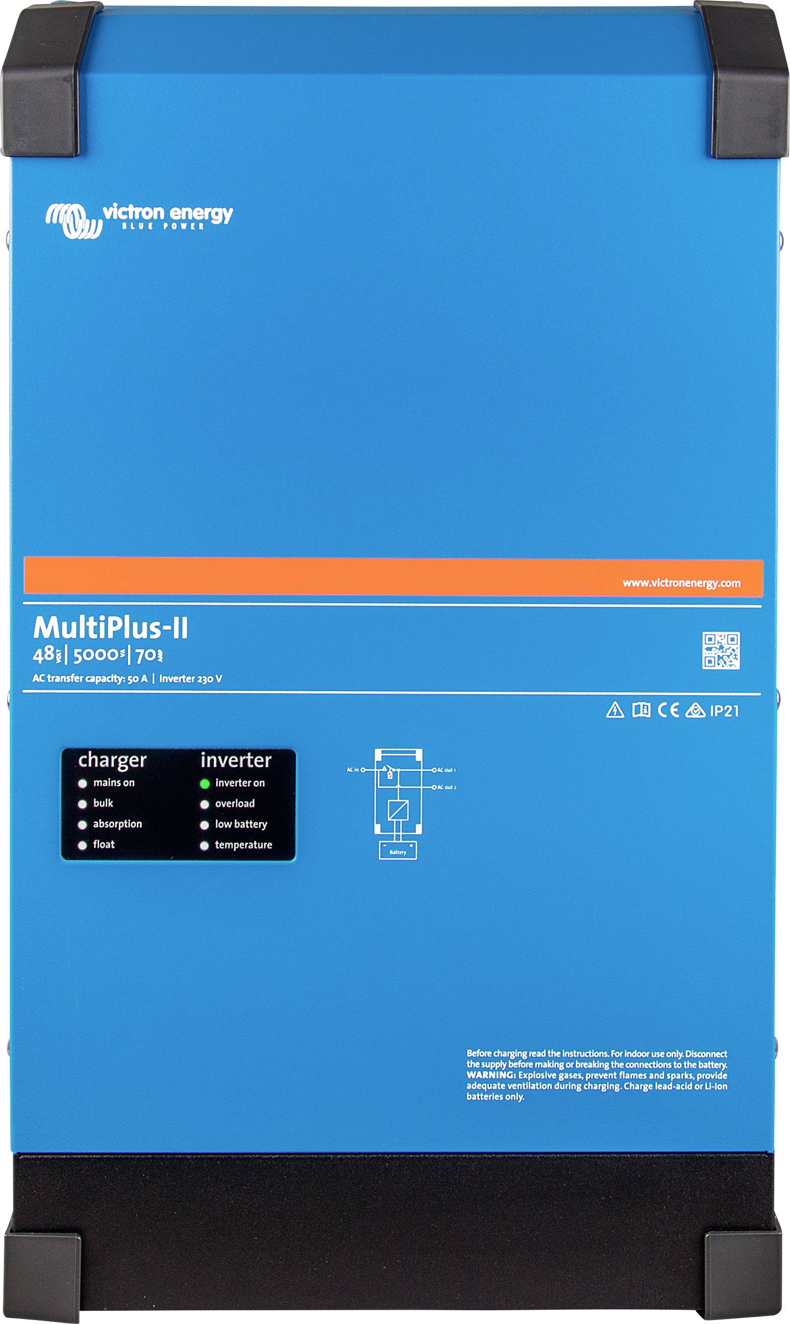 Blauer Victron Energy MultiPlus-II Wechselrichter mit Modell '48/5000/70-1' und Bedienfeld für Ladegerät- und Wechselrichtermodus.