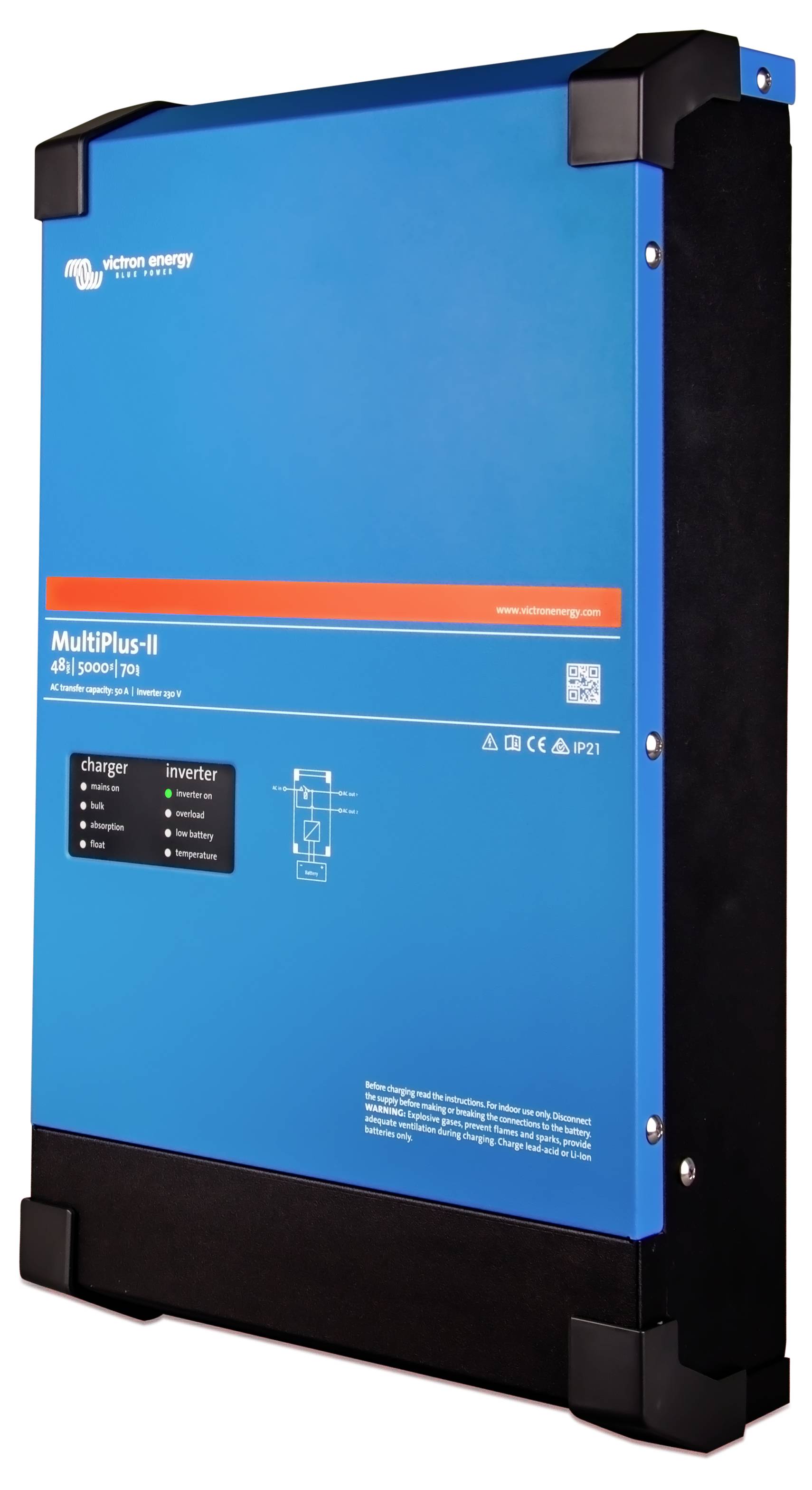 Blaues und schwarzes elektronisches Gerät mit der Bezeichnung 'MultiPlus-II', das ein Bedienfeld mit Optionen für 'Ladegerät' und 'Wechselrichter' sowie Leistungsangaben aufweist.