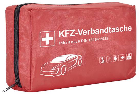 Eine rote Verbandtasche für Kraftfahrzeuge mit der Bezeichnung 'KFZ-Verbandtasche', die der DIN 13164:2022 entspricht und ein weißes Kreuz sowie Symbole zeigt.
