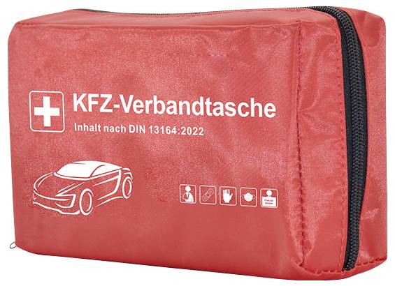 Rote Verbandtasche für Kraftfahrzeuge mit Reißverschluss, mit der Aufschrift 'KFZ-Verbandtasche', konform mit der DIN-Norm 13164:2022, mit Inhaltssymbolen versehen.