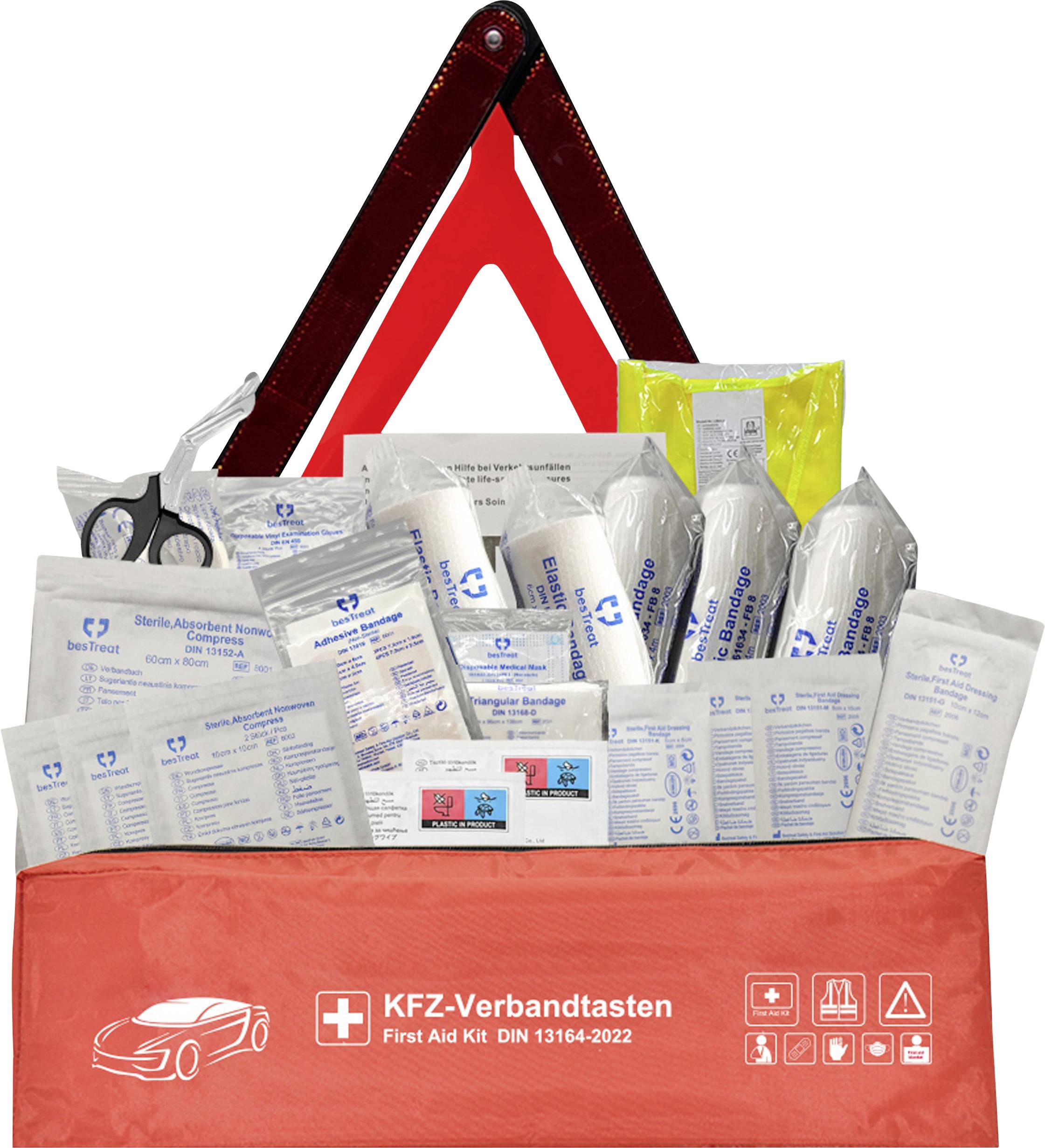 Eine Auto-Erste-Hilfe-Ausrüstung mit verschiedenen medizinischen Materialien, einschließlich Verbandsmaterial, Schere und Mullbinden, in einem roten Koffer mit der Beschriftung 