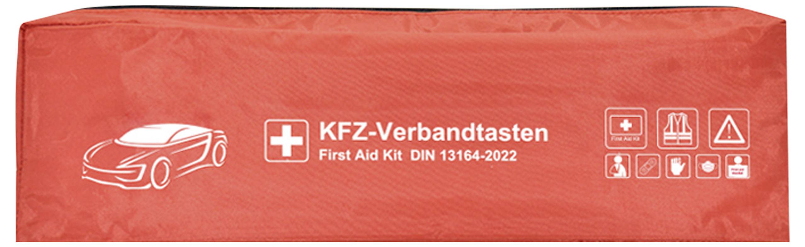 Roter Verbandskasten mit der Aufschrift 'KFZ-Verbandkasten First Aid Kit DIN 13164:2022' mit Fahrzeug- und Sicherheitssymbolen.