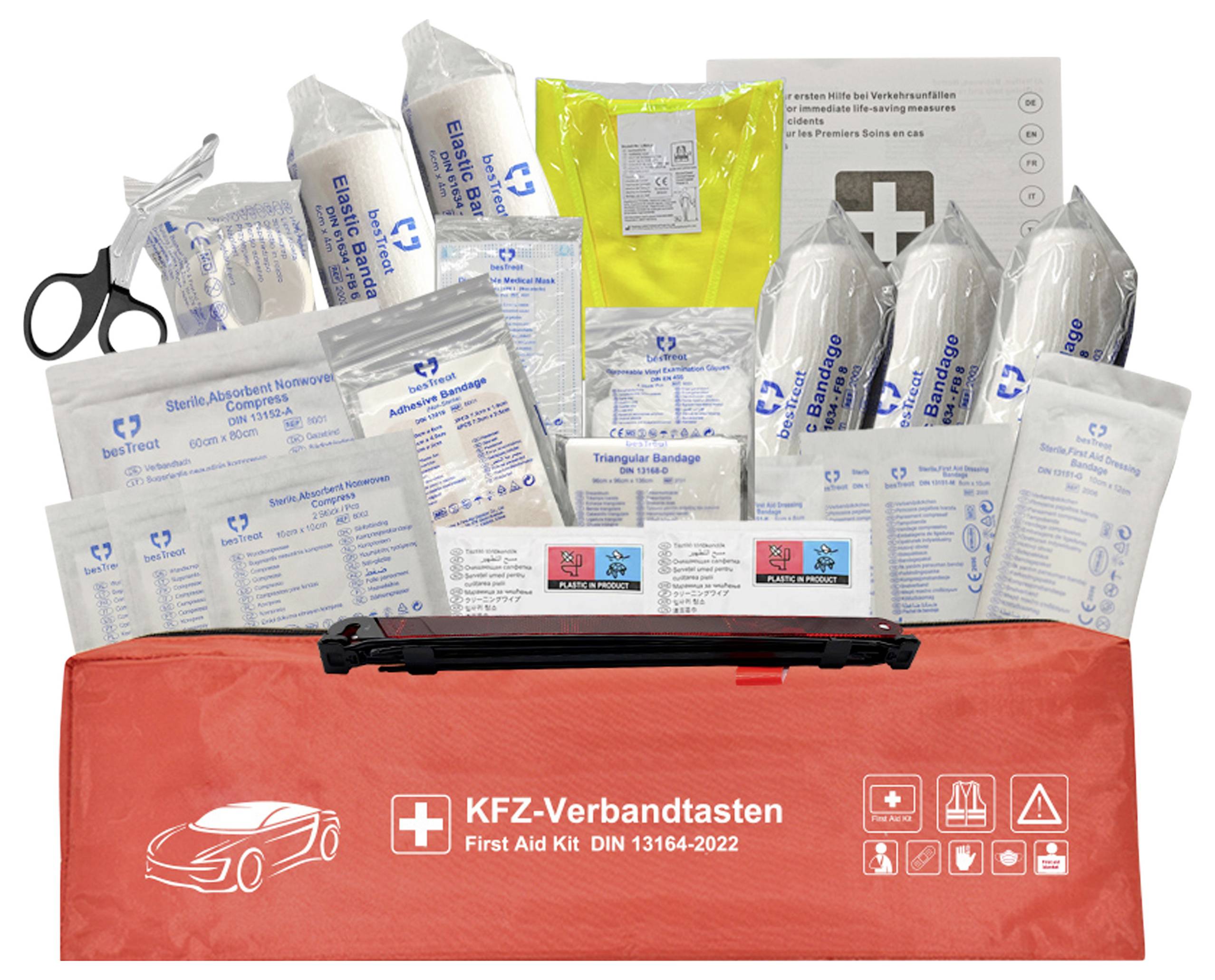 Ein umfassender Erste-Hilfe-Kasten mit der Bezeichnung 'KFZ-Verbandkasten', der Verbandmaterial, Desinfektionsmittel, Scheren und Dreiecktücher enthält. Er umfasst DIN 13164-2022 Standardartikel für Notfälle im Fahrzeug.