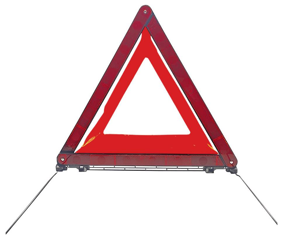 Ein rotes dreieckiges Warnschild mit reflektierendem Inneren, das typischerweise auf Straßen verwendet wird, um eine Fahrzeugpanne oder Gefahr anzuzeigen.