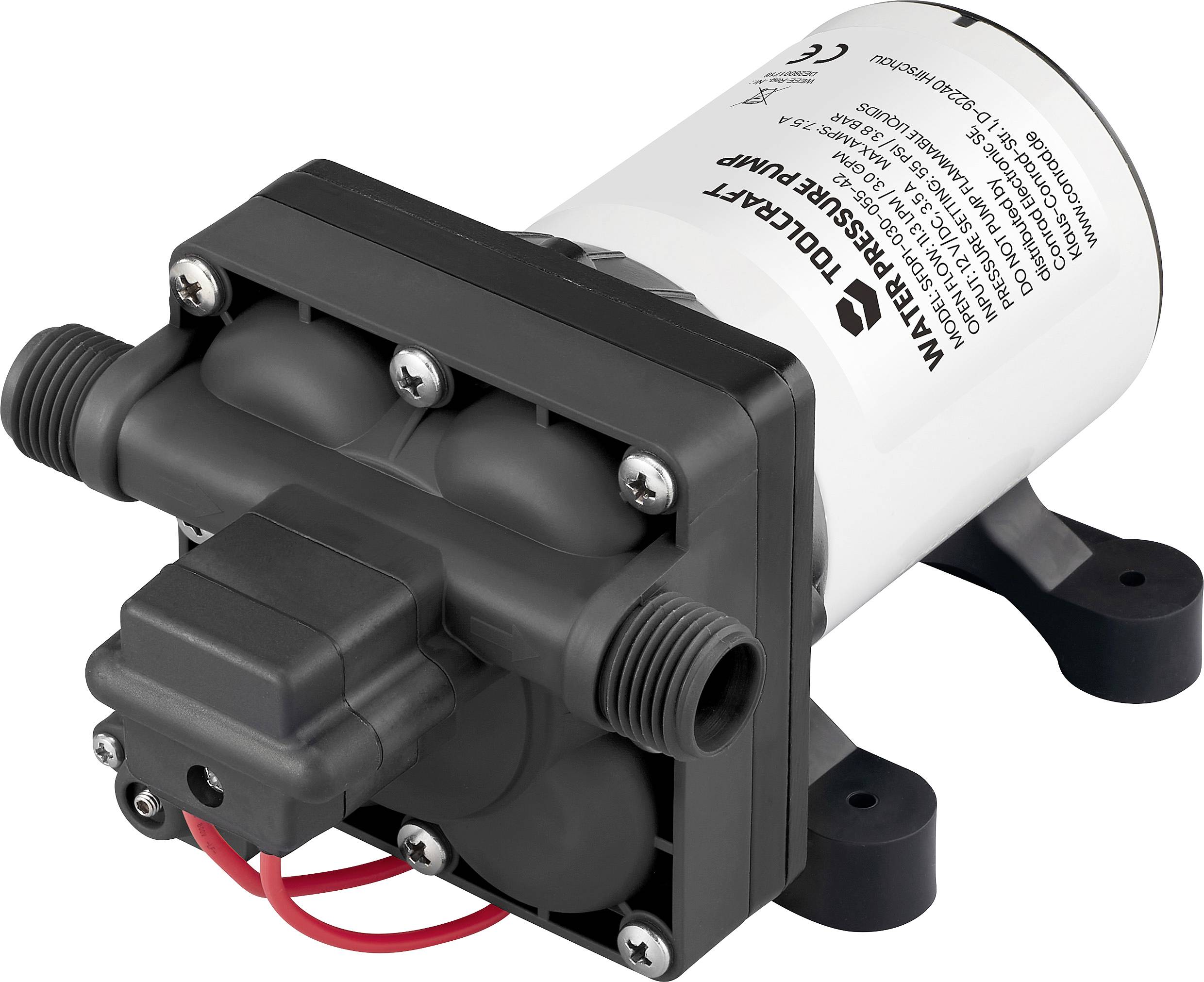 Eine schwarz-weiße Wasserdruck-Pumpe mit Verdrahtung und Montageklammern, mit Produktkennzeichnung und Spezifikationen auf dem weißen Gehäuse.