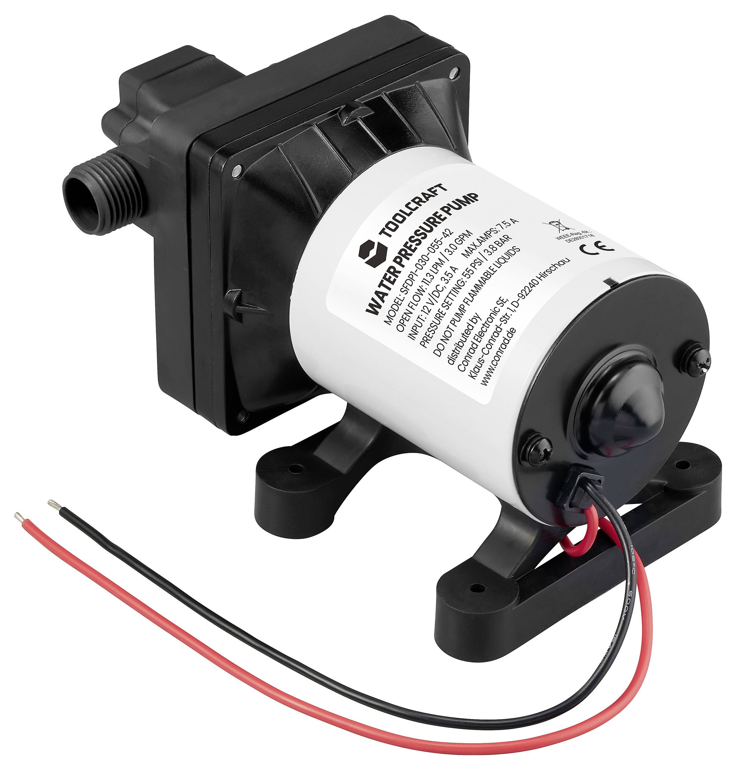 Eine kompakte Toolcraft-Wasserdruck-Pumpe mit schwarzweißem Gehäuse, gekennzeichneten Details und zwei freiliegenden roten und schwarzen Drähten für Anschlüsse.