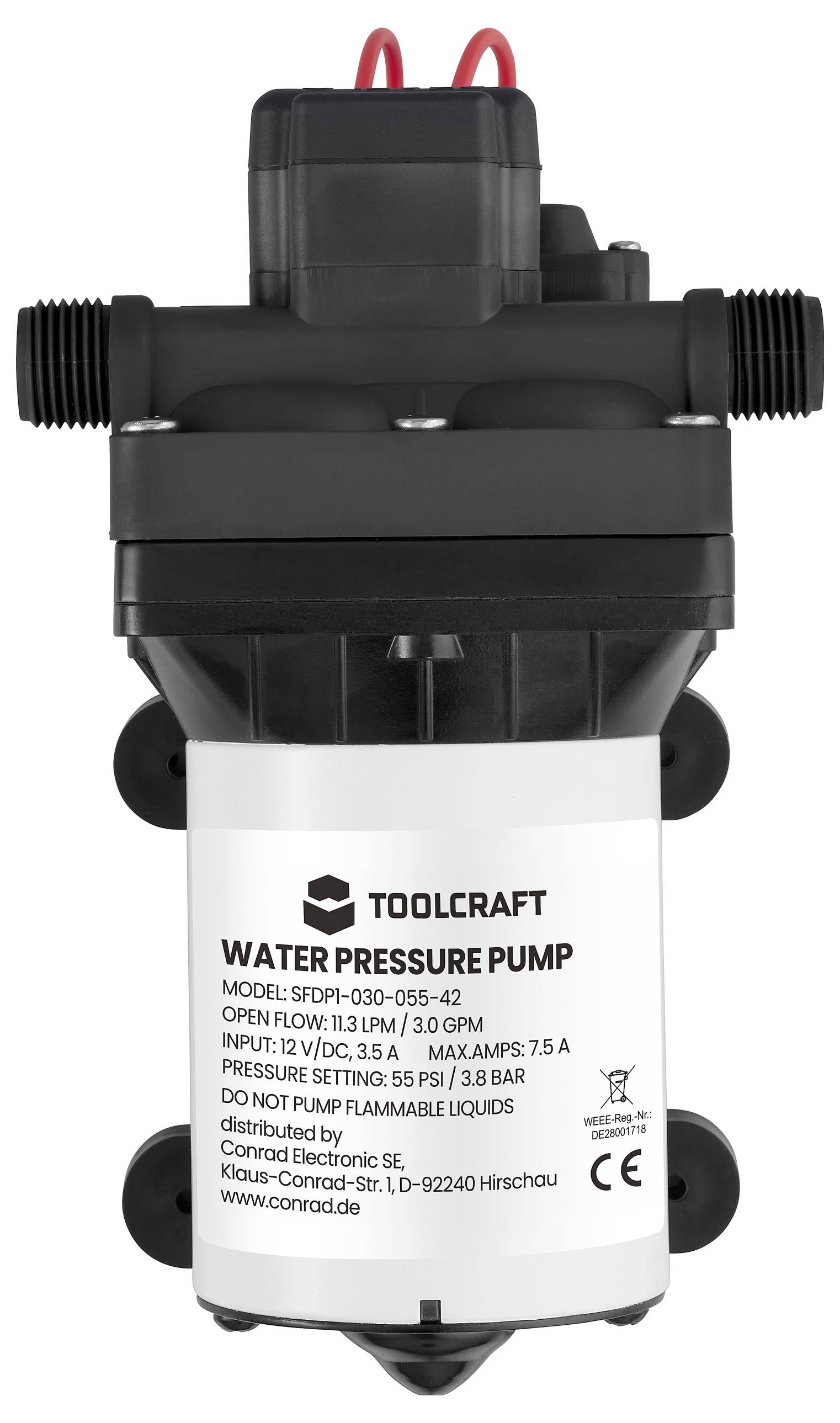 TOOLCRAFT Wasserdruck-Pumpe, Modell: 57DP-030-053-42, Freier Durchfluss: 11,3 LPM, Druckeinstellung: 55 PSI / 3,8 bar, Max. Ampere: 7,5 A.