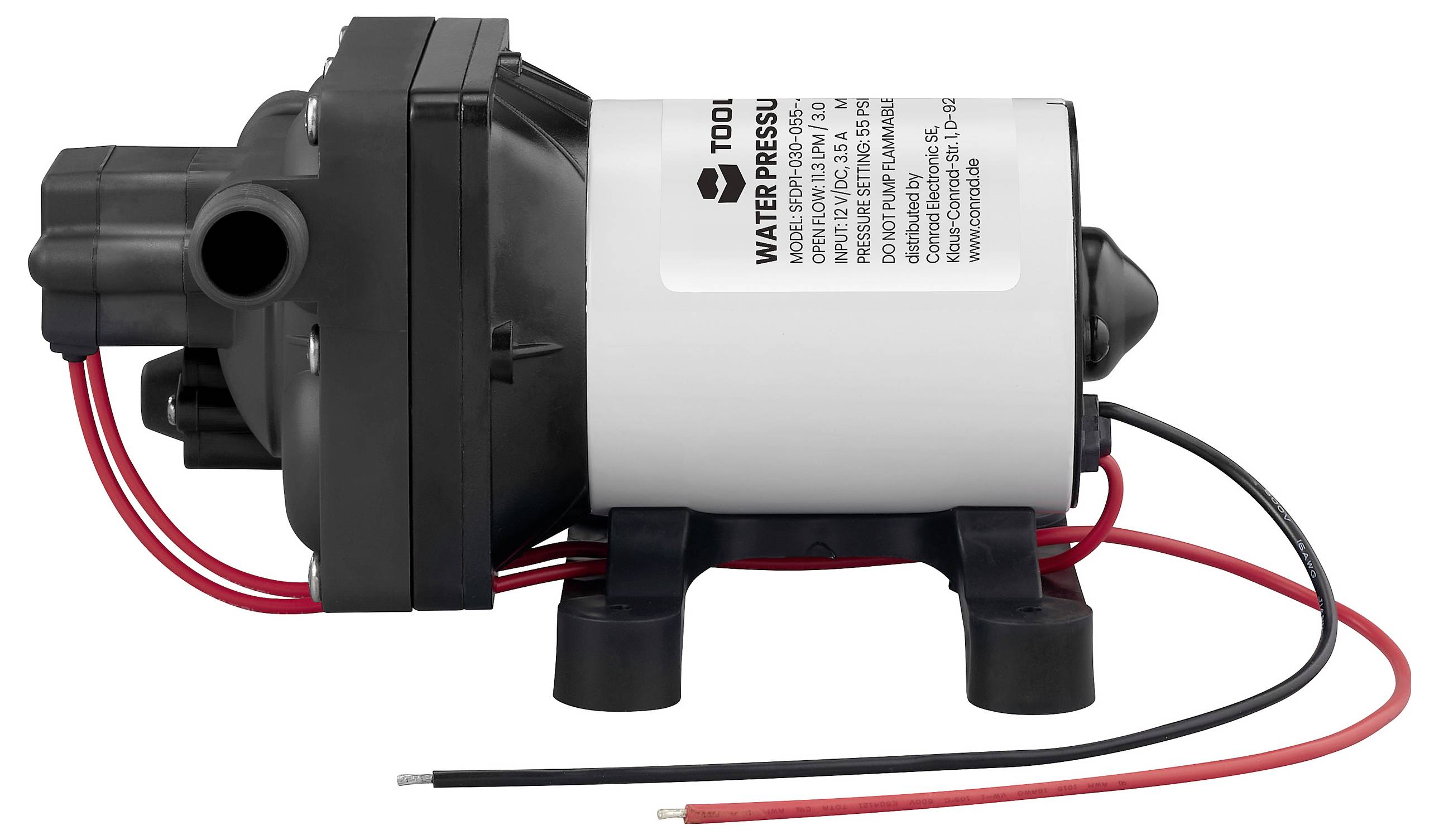 Eine Wasserddruckpumpe mit schwarzen und roten Drähten, beschriftet mit „Water Pressure Pump