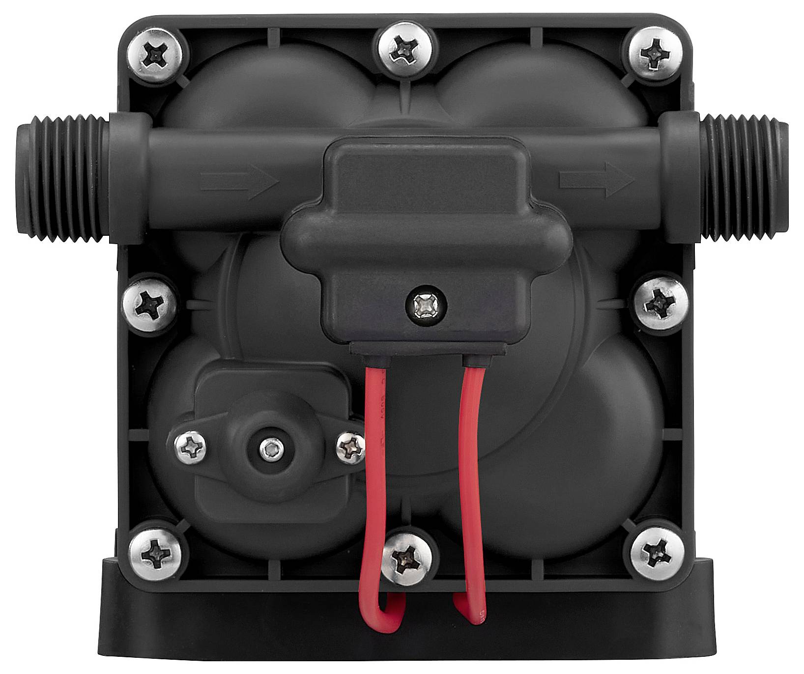 Eine schwarz-graue Membranpumpe mit sichtbaren roten Drähten und mehreren Schrauben auf einer ebenen Oberfläche, die die Vorderansicht der Pumpeneinheit zeigt.