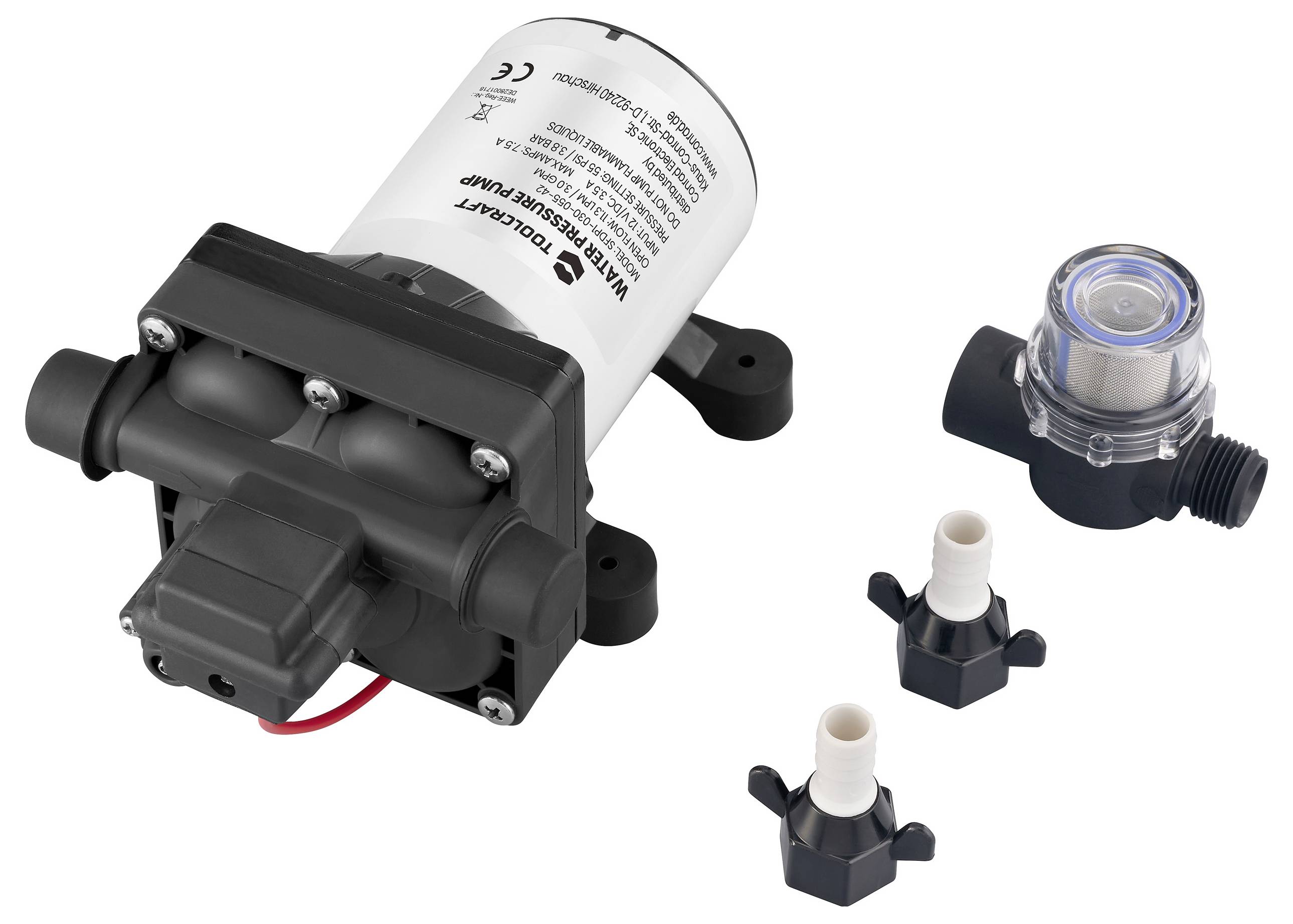 Ein Wasserdruck-Pumpensatz mit Filter und Verbindungsstücken. Die Pumpe ist kompakt mit zylindrischer Form und für verschiedene Sanitäranwendungen konzipiert.