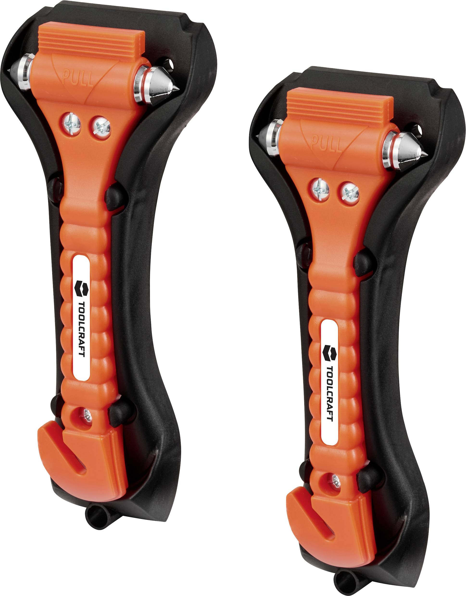 Zwei orange und schwarze Notfall-Autofluchtgehämmern mit spitzen Metallspitzen, Gurtschneidern und Halterungen für sicheren Gebrauch.