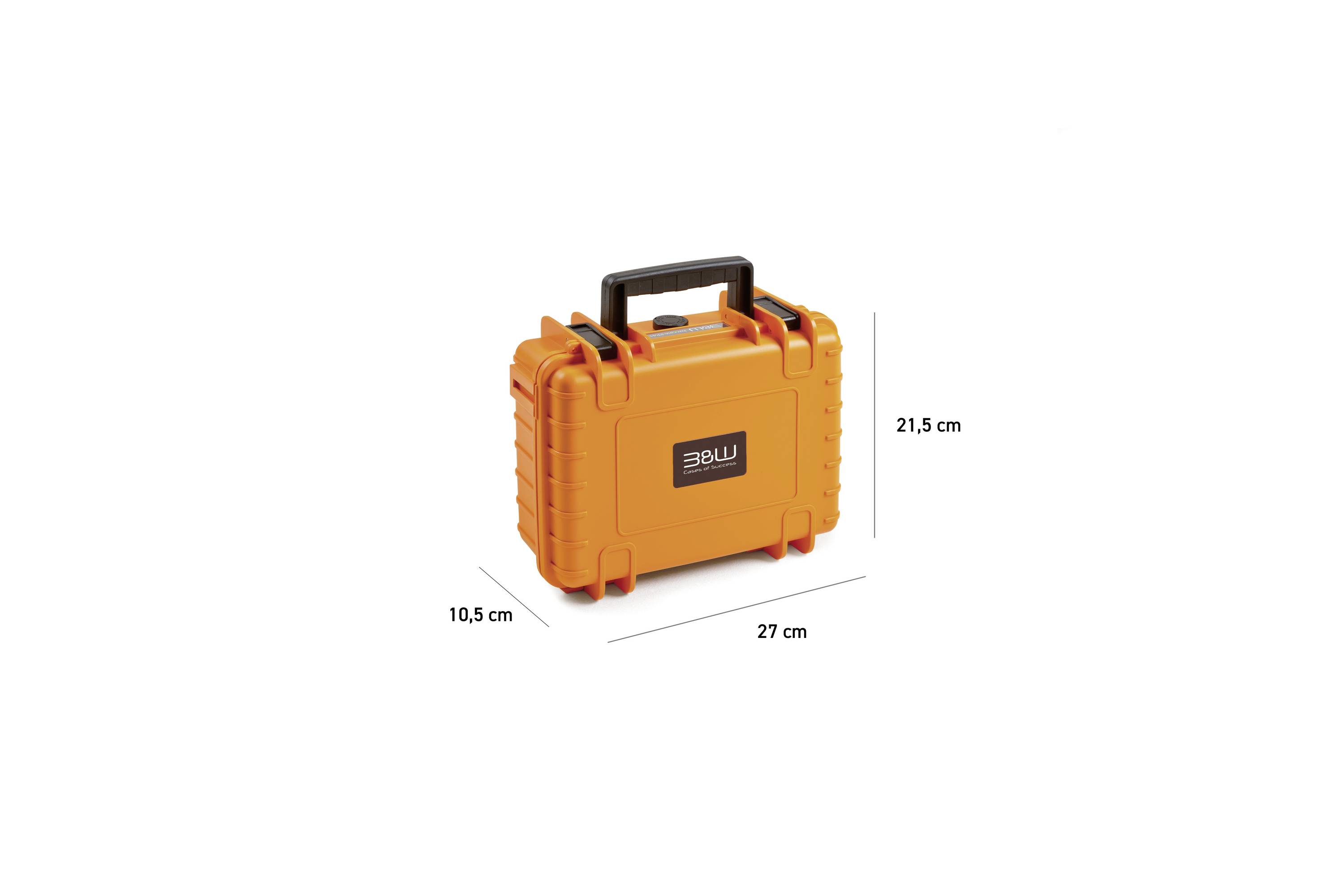 Ein orangefarbener, harter Schutzkoffer mit einem schwarzen Griff wird mit folgenden Abmessungen gezeigt: 21,5 cm hoch, 27 cm breit und 10,5 cm tief.