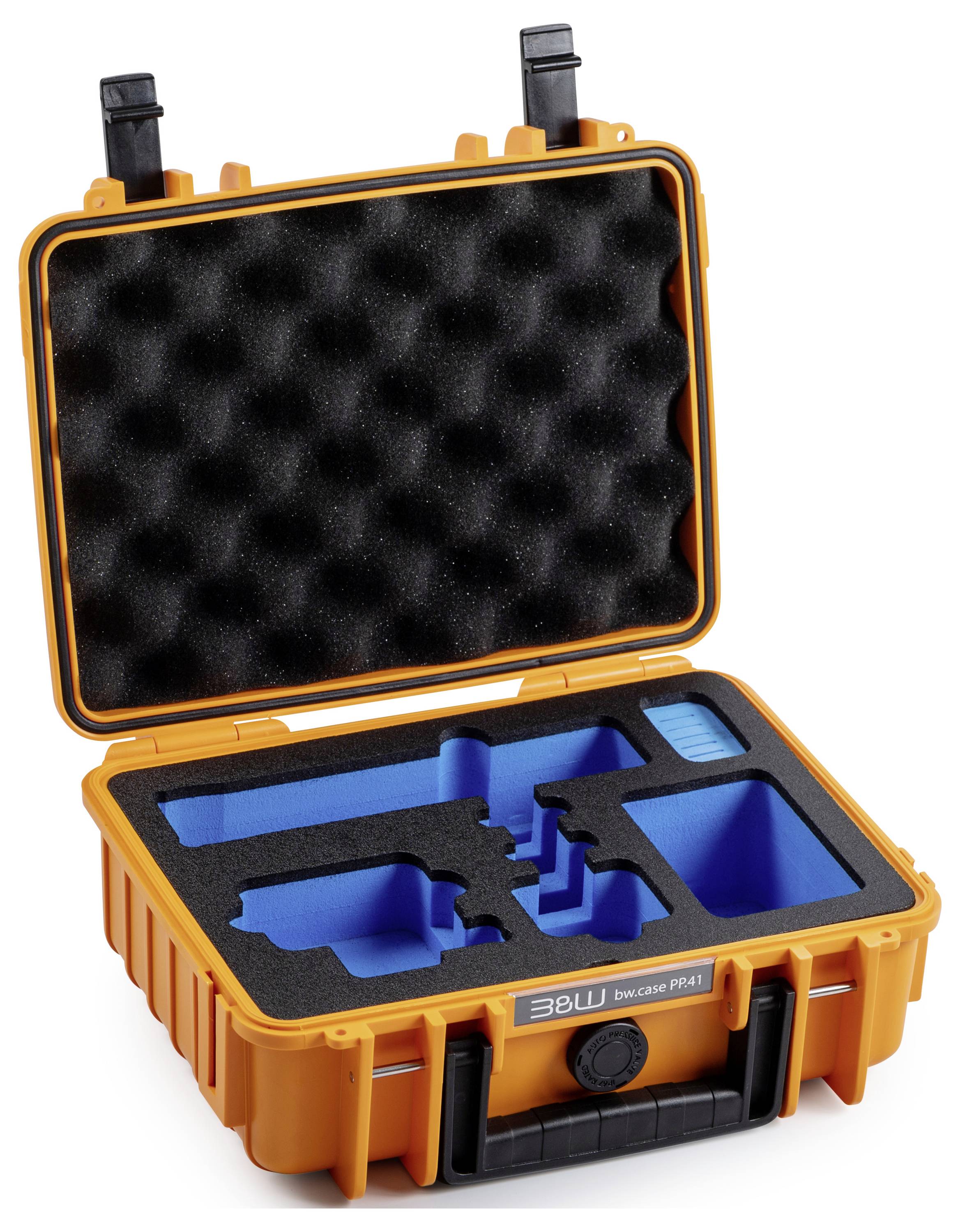 Eine offene orangefarbene Schutztragetasche mit Schaumstoffauskleidung, die speziell entwickelt wurde, um bestimmte Ausrüstungsgegenstände oder Werkzeuge zu tragen und zu schützen, mit Fächern und Abteilungen.