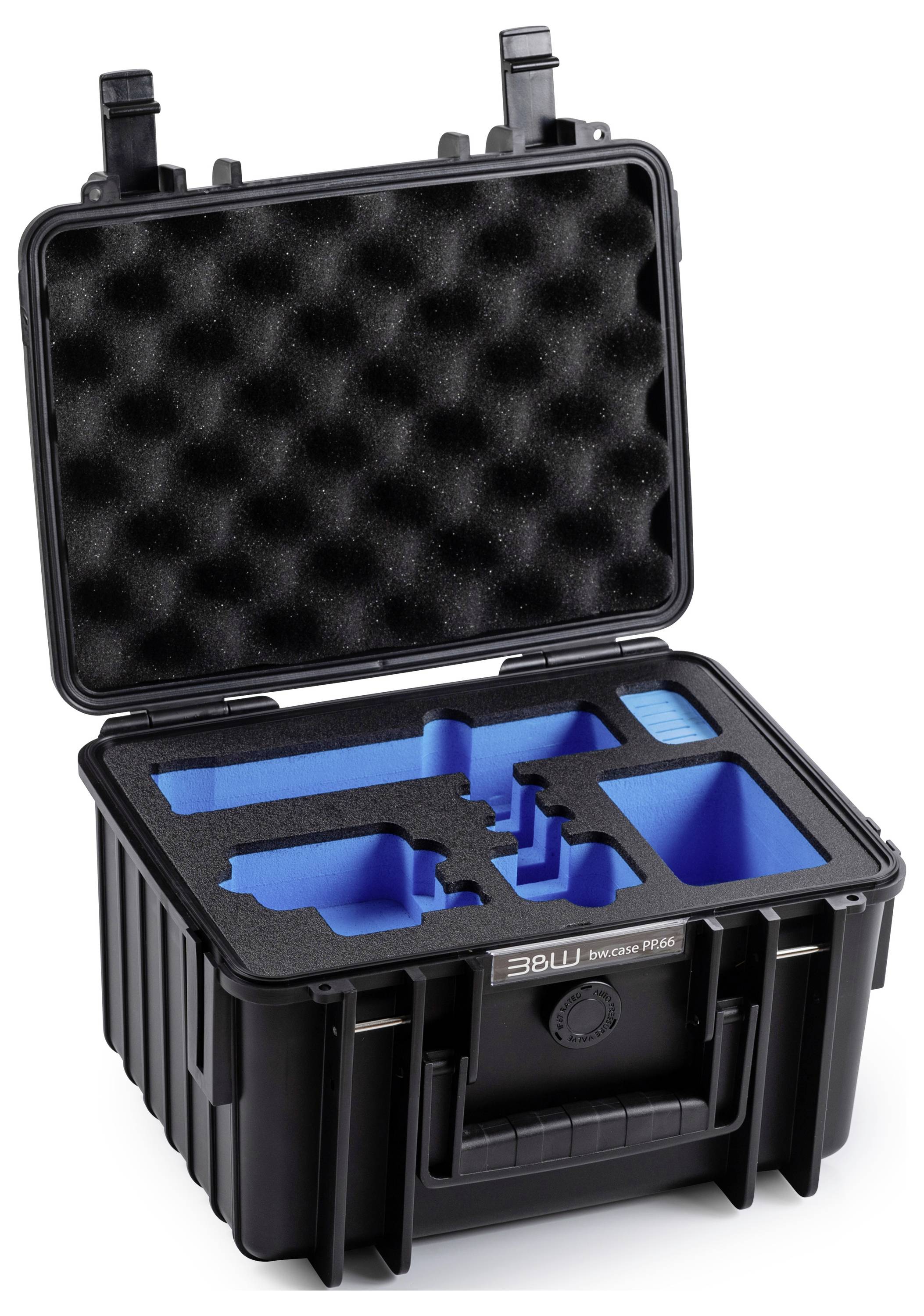 Öffnen Sie einen schwarzen, harten Koffer mit gepolsterter Innenausstattung, der blaue Schaumstoffabteile zur Organisation und zum Schutz von Ausrüstung aufweist.