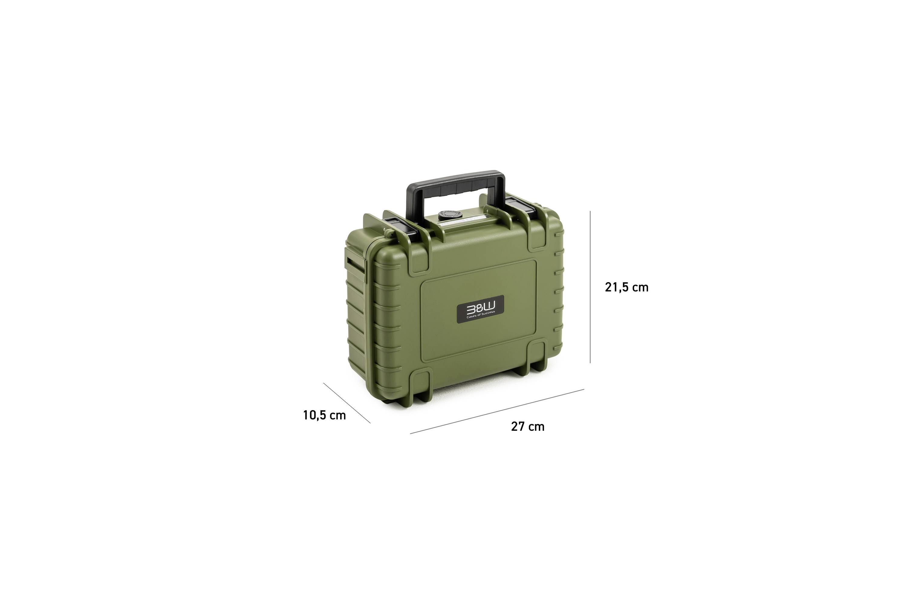 Ein robuster, grüner Hartkoffer mit Griff, Maße 27 cm breit, 21,5 cm hoch und 10,5 cm tief, mit der Aufschrift „BMW