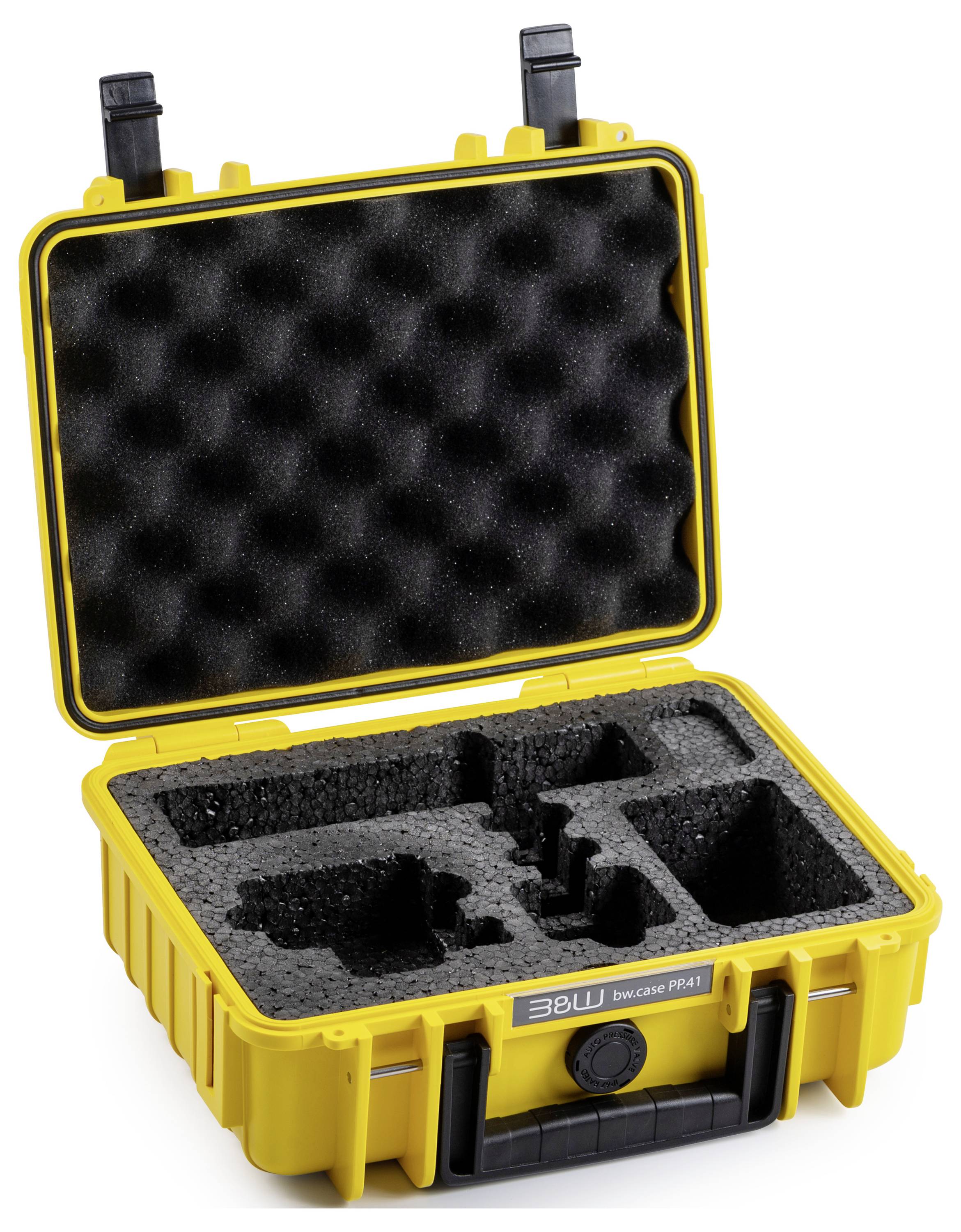 Ein gelber Kunststoff-Schutzkoffer mit maßgefertigten Schaumstoffeinsätzen, entwickelt zum sicheren Transport empfindlicher Ausrüstung.