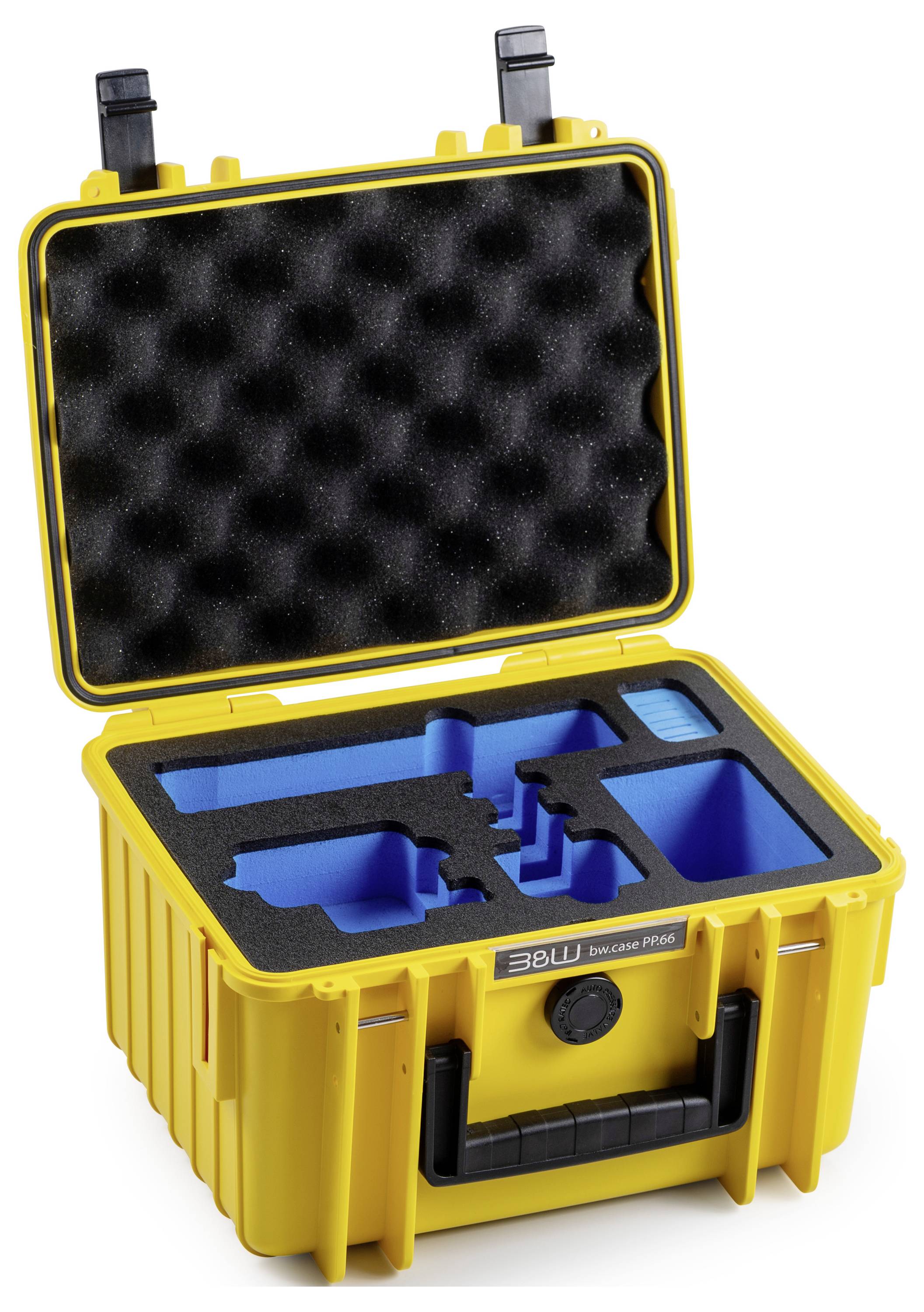 Gelber tragbarer Hartschalenkoffer mit Schaumstoffeinsatz zum Sichern von Gegenständen, offener Deckel zeigt Fächer, die speziell für die Aufnahme bestimmter Ausrüstungsgegenstände vorgesehen sind.