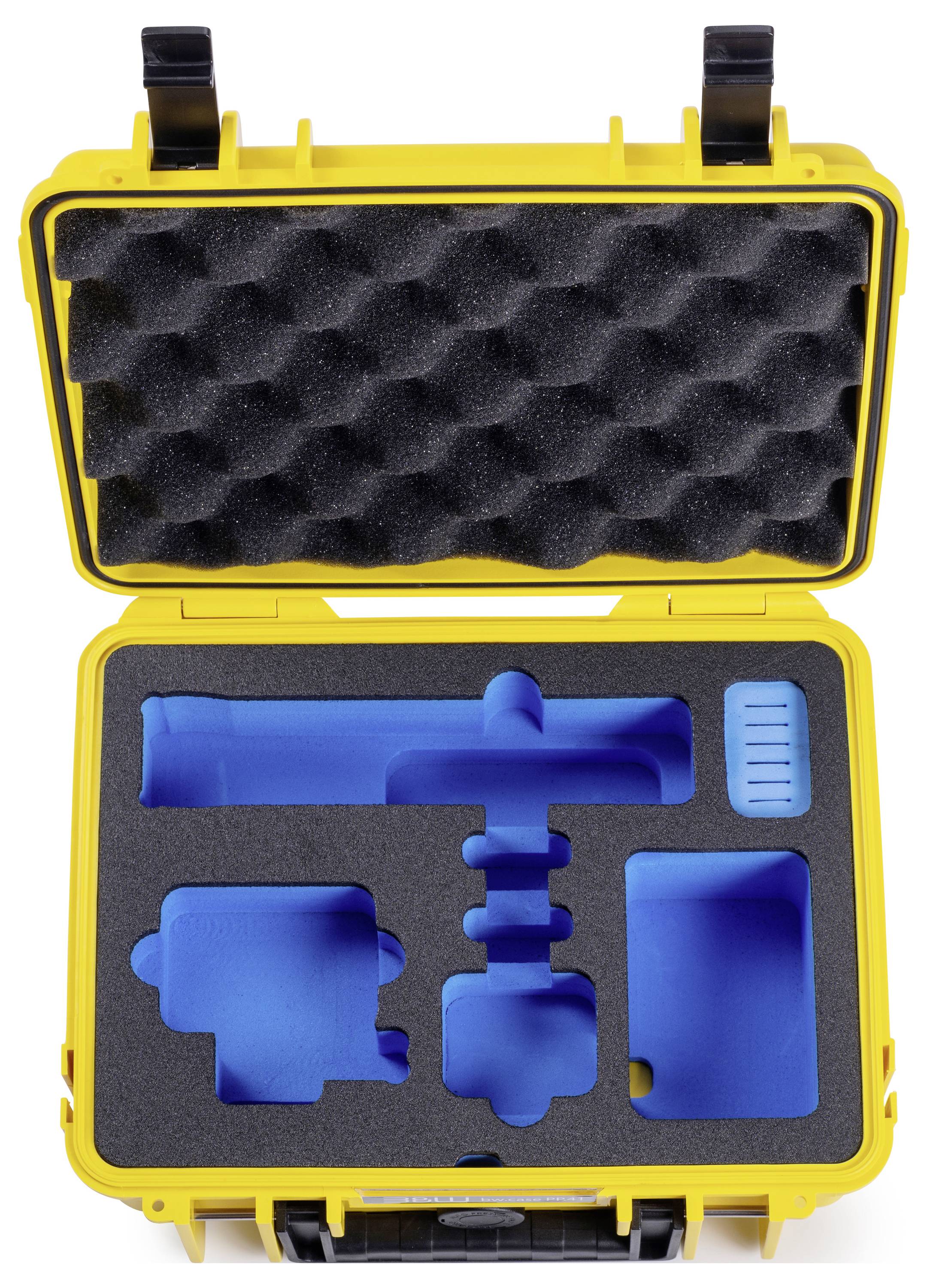 Gelber Hartschalenkoffer mit ausgeschnittenem Schaumstoffeinsatz, entwickelt, um Ausrüstung sicher zu befestigen. Blaue Innenseite zeigt Ablagebereichefür Gegenstände an.