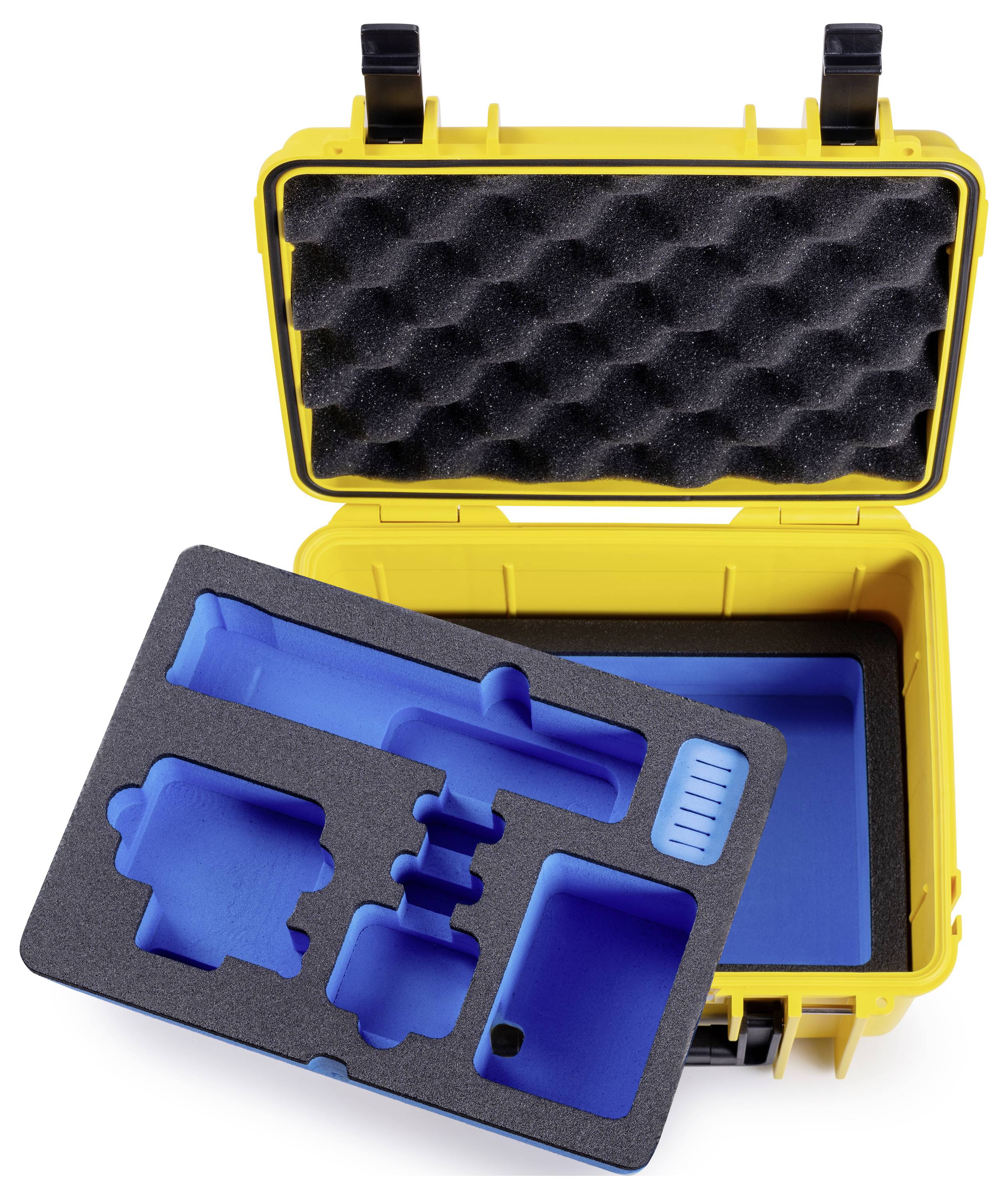 Ein gelber Schutzkoffer mit zwei Schaumstoffeinlagen, eine schwarze Schicht mit Aussparungen für Werkzeuge und ein blaues Tablett-Fach, geöffnet präsentiert.