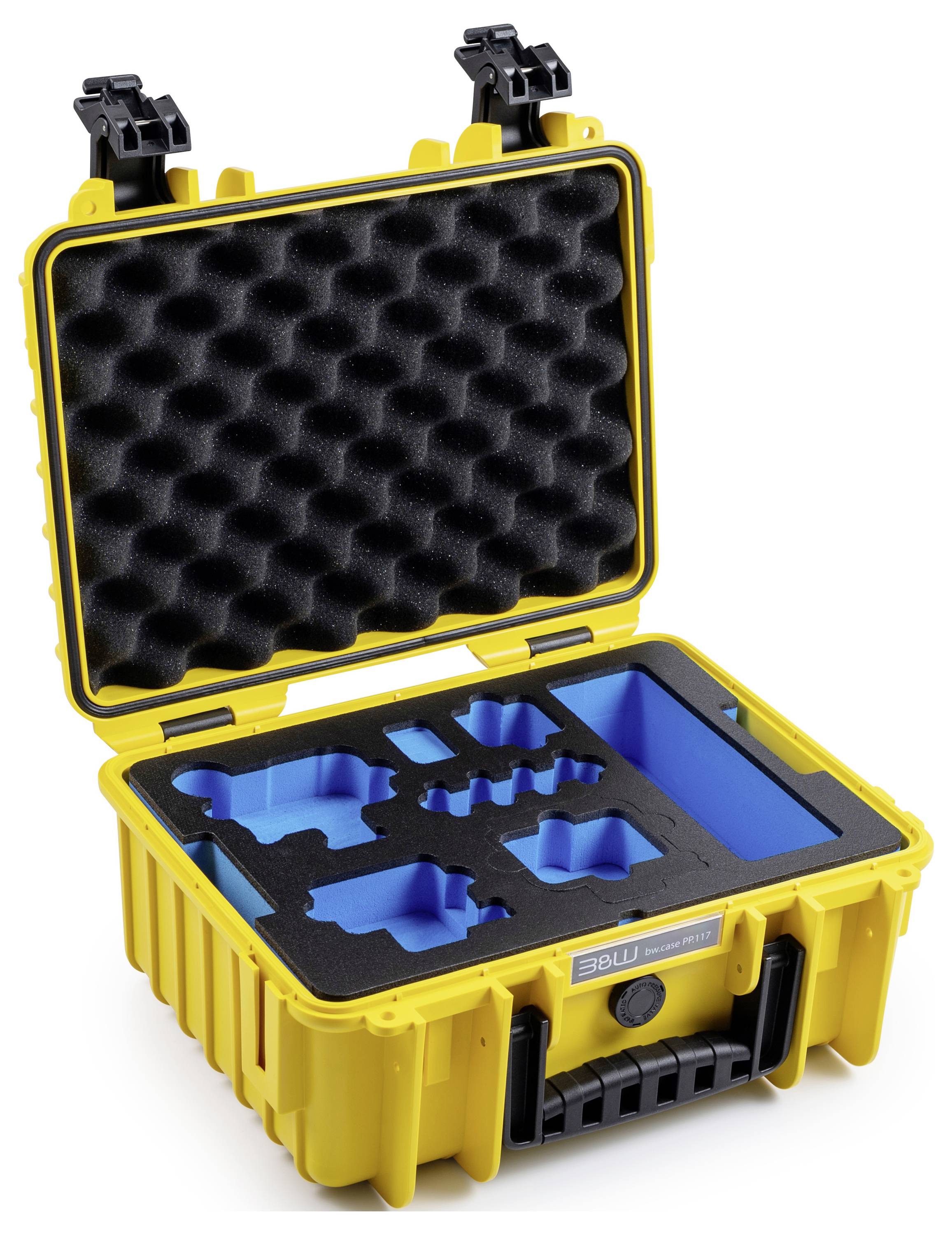 Eine gelbe Schutzbox mit geöffnetem Deckel zeigt ein blaues und schwarzes Schaumstoffinnenleben mit Aussparungen, die speziell zum sicheren Halten von Ausrüstung entwickelt wurden.