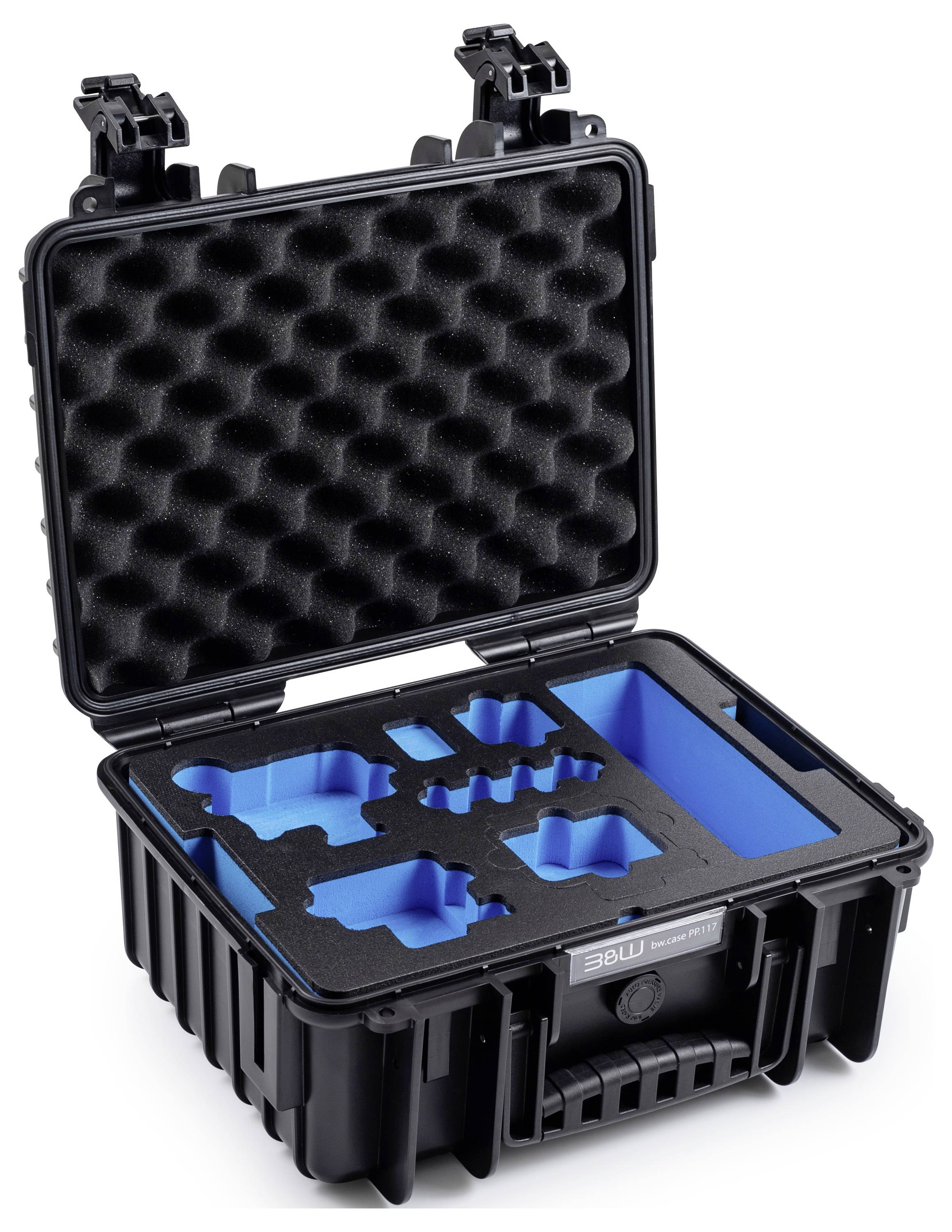 Ein schwarzes Schutzgehäuse mit maßgefertigten blauen Schaumstoffeinsätzen, das zur sicheren Aufbewahrung von elektronischen Geräten oder Ausrüstungsgegenständen verwendet wird.