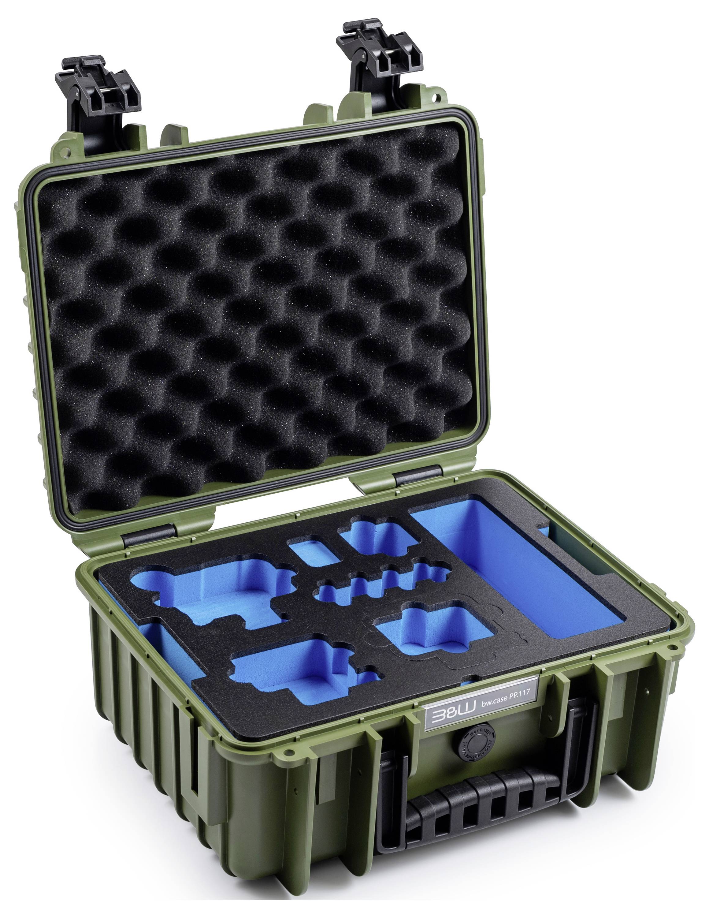 Ein offenes, robustes Schutzgehäuse mit Schaumstoffeinsätzen, das verschiedene Gegenstände sicher aufnehmen kann. Das Gehäuse ist dunkelgrün mit blauem Innenraum.