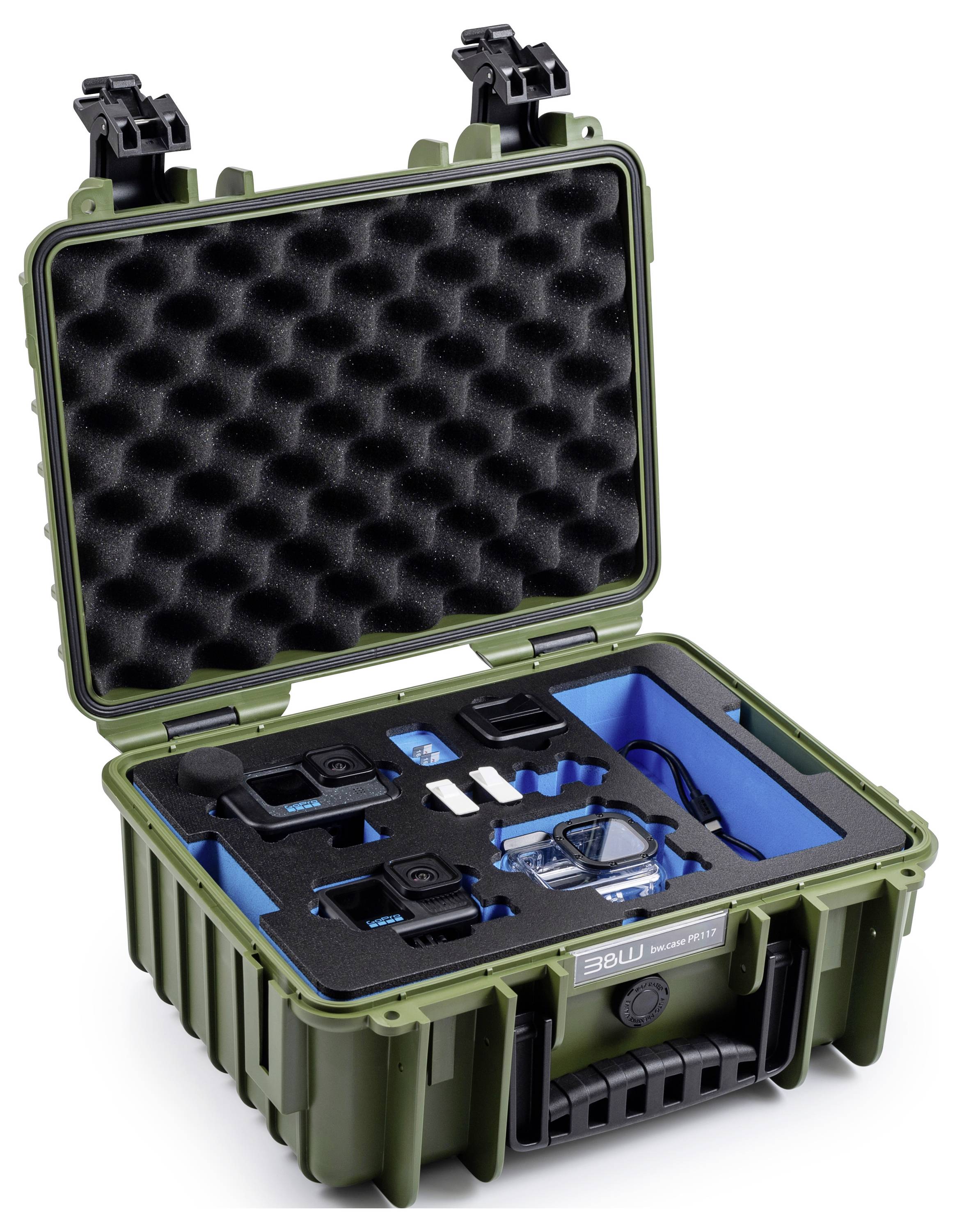 Grünes robustes Gehäuse mit Schaumstoffinnenleben, das eine kompakte elektronische Vorrichtung, verschiedene Komponenten und Zubehör sicher und übersichtlich organisiert aufbewahrt.