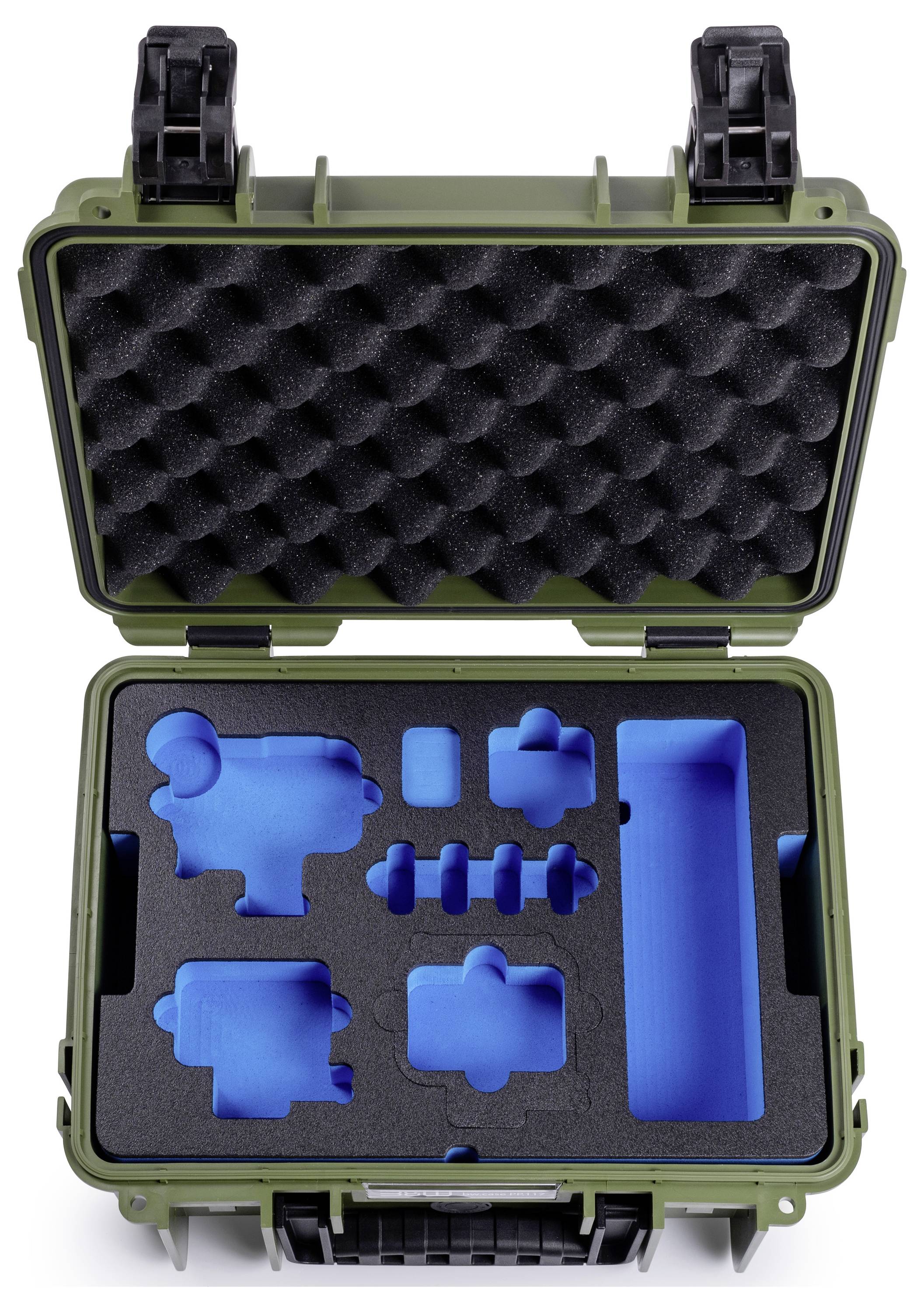 Eine olivgrüne Schutzbox ist geöffnet und zeigt maßgeschneiderte blaue Schaumstoffeinsätze, die verschiedene Ausrüstungskomponenten sicher fixieren.