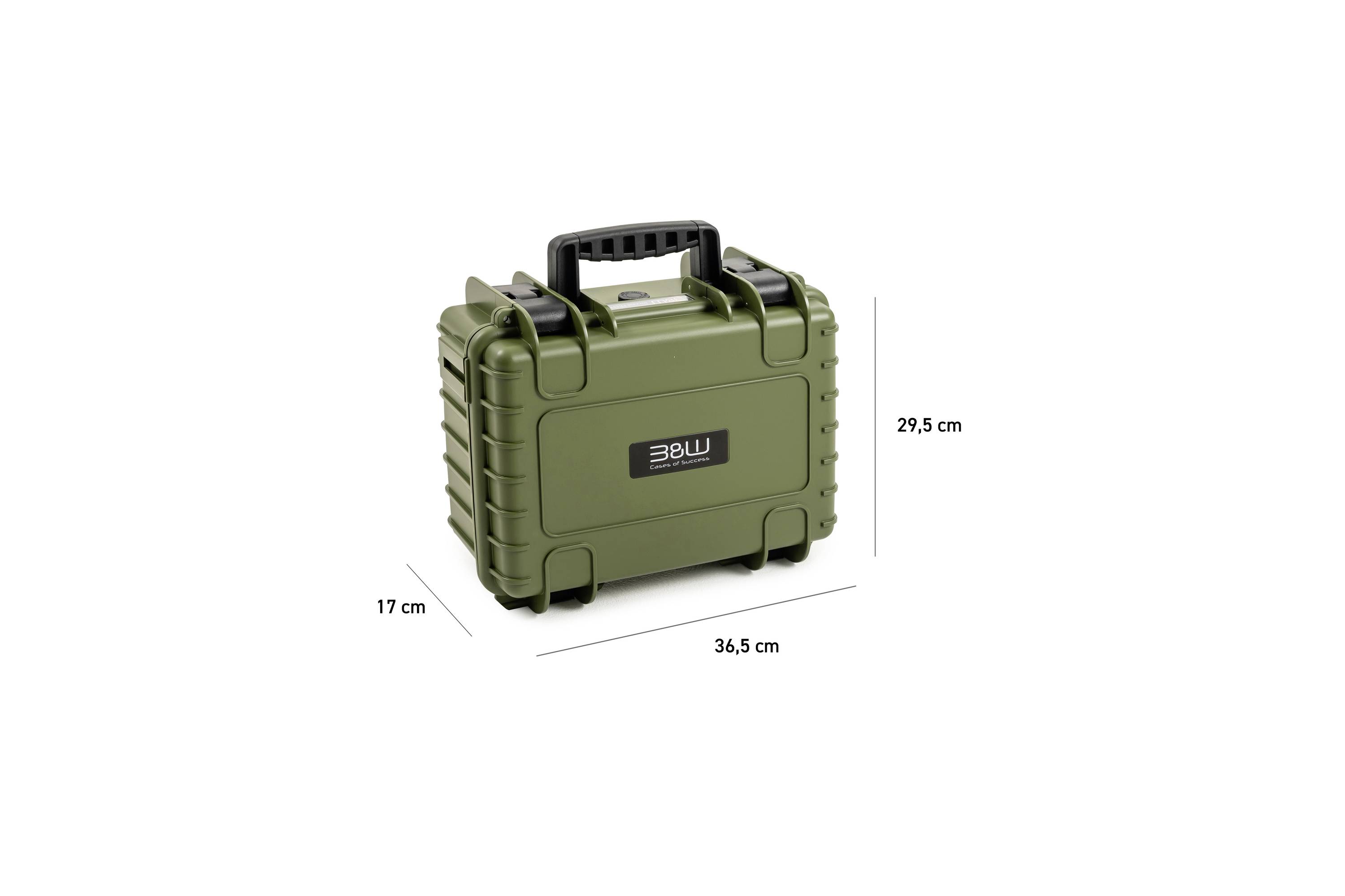 Olivgrüner, wasserdichter und staubdichter Hartkoffer mit markierten Abmessungen: 36,5 cm Länge, 17 cm Breite, 29,5 cm Höhe. Schwarzer Griff.