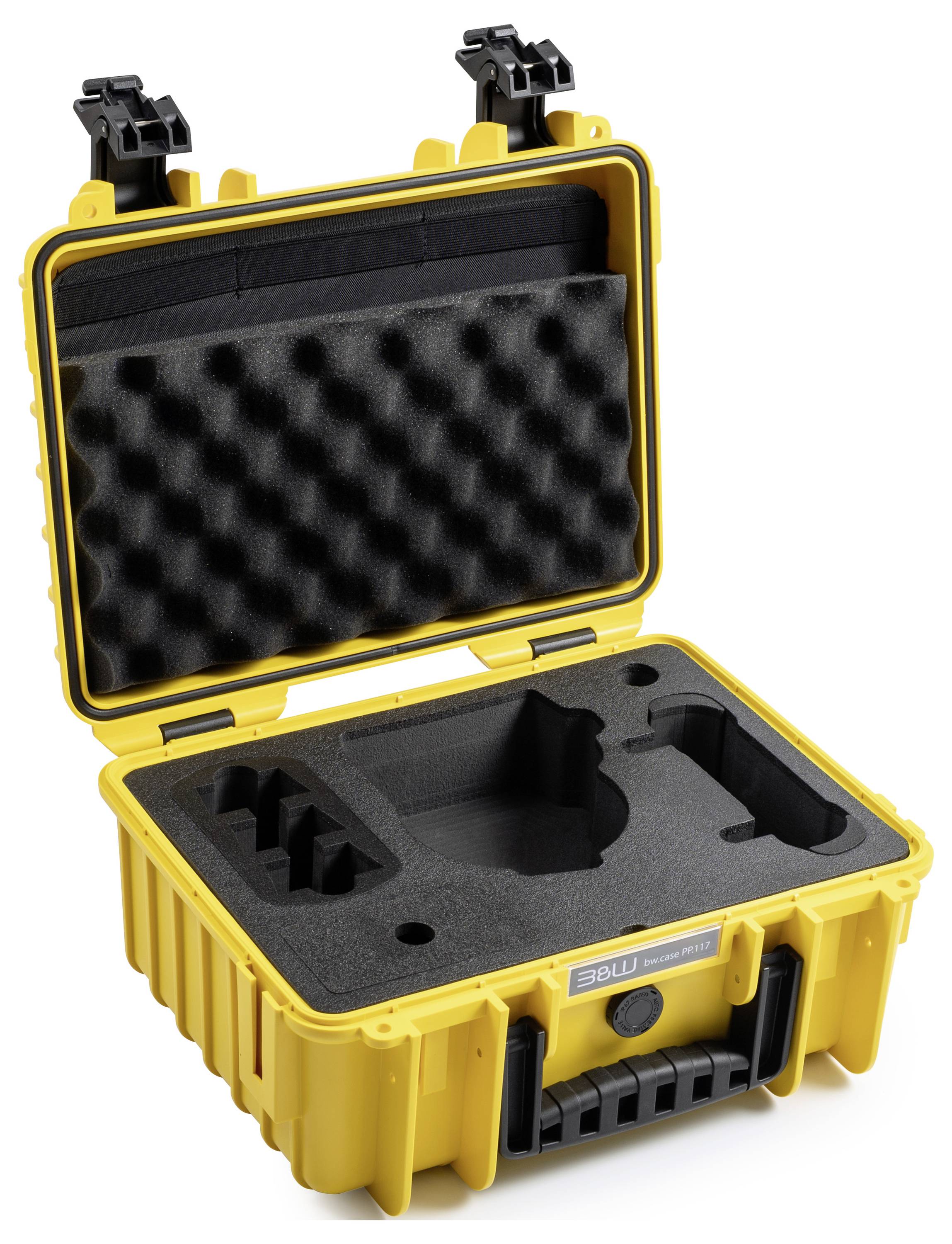 Eine offene gelbe Hartplastik-Transportbox mit maßgefertigten Schaumstoffeinlagen zur Ausrüstungsschutz, die übersichtlich strukturierte Fächer für verschiedene Gegenstände zeigt.