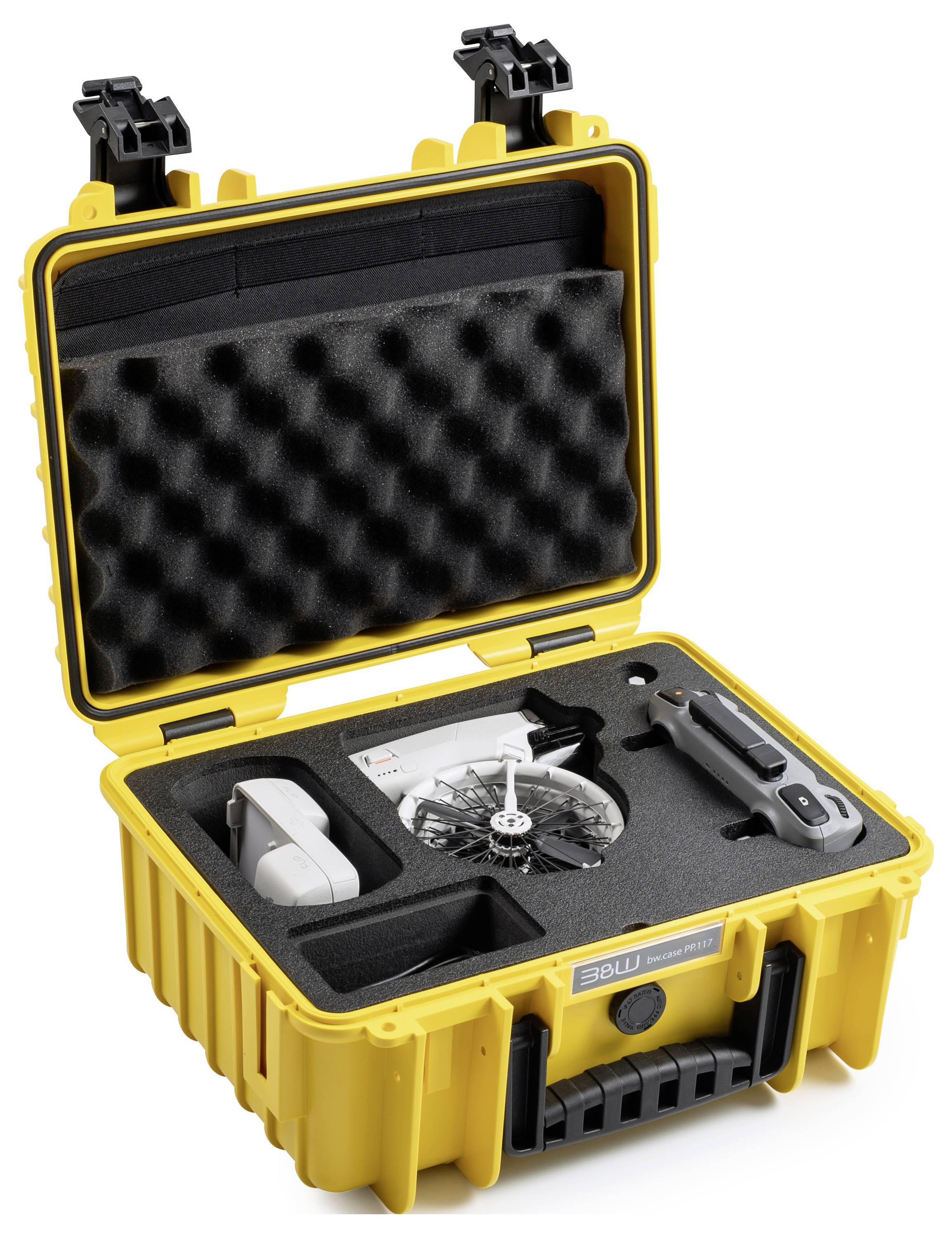 Eine gelbe Schutzbox wurde geöffnet und enthüllte ein sicheres Innenleben mit Schaumstoffausschnitten, die Präzisionswerkzeuge und Ausrüstung für technische Anwendungen aufnahmen.