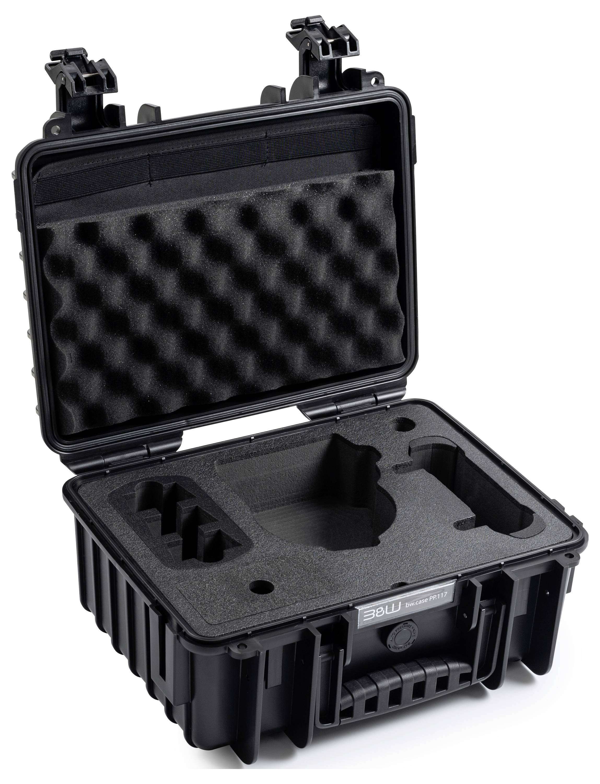 Ein offener schwarzer Schutzkoffer mit gepolstertem Innenraum, der zum sicheren Aufbewahren und Transportieren von Ausrüstung entwickelt wurde.